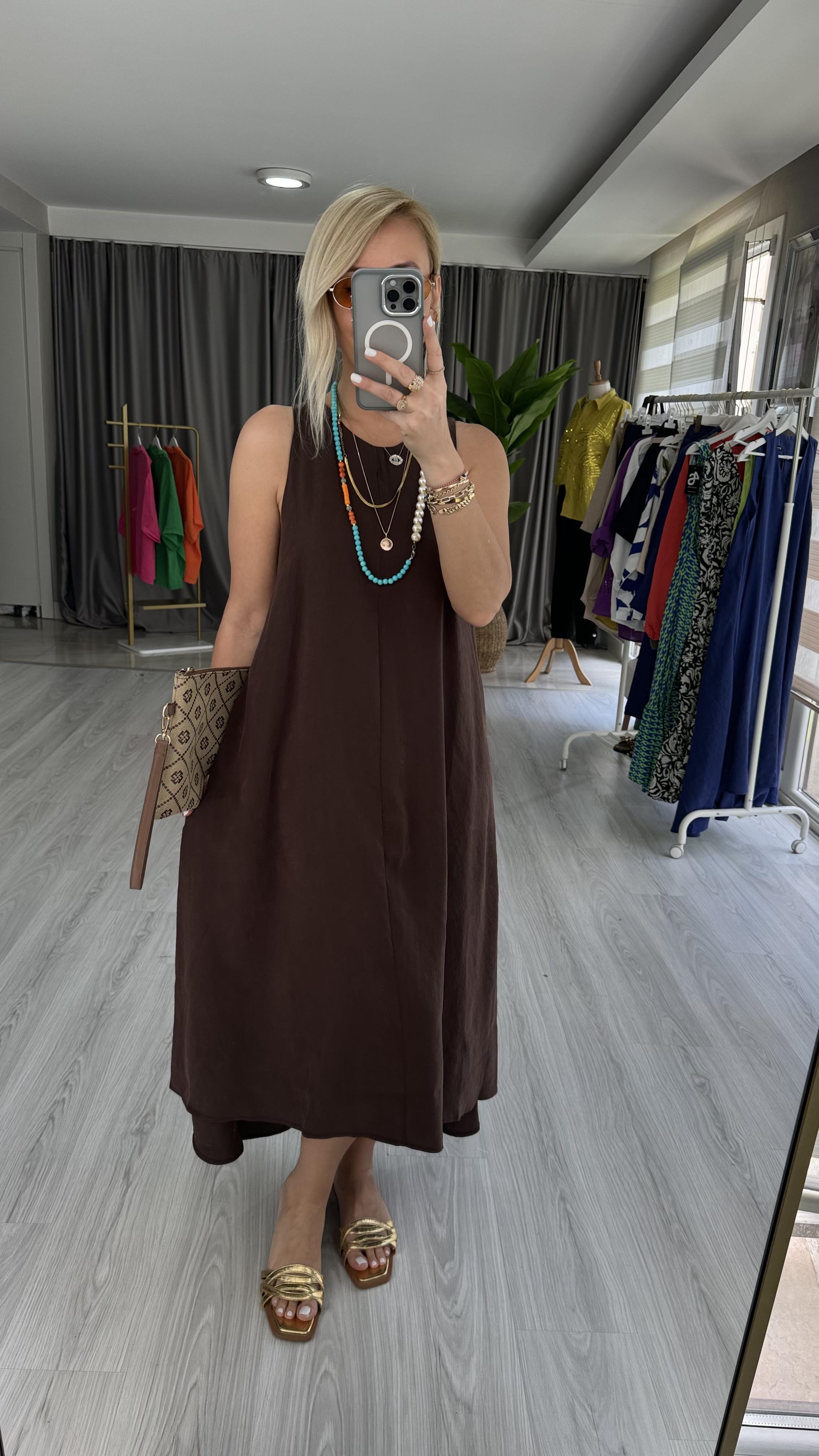 ORJİNAL MODEL TENCEL KAHVERENGİ ELBİSE
