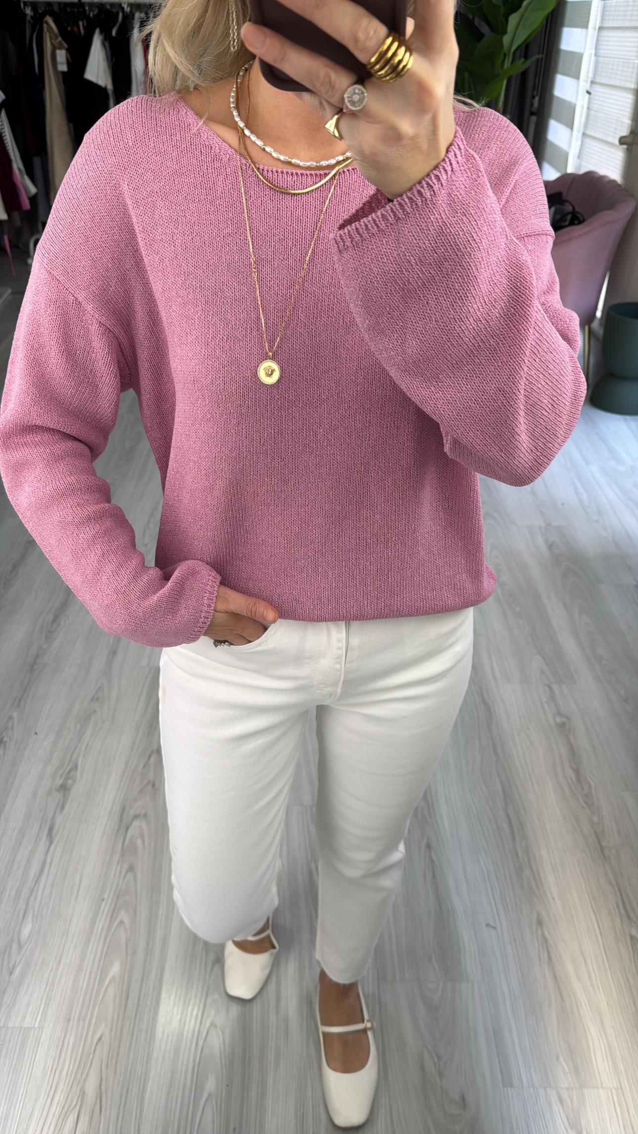 Oval Yaka Yumuşak Dokulu Pembe Triko