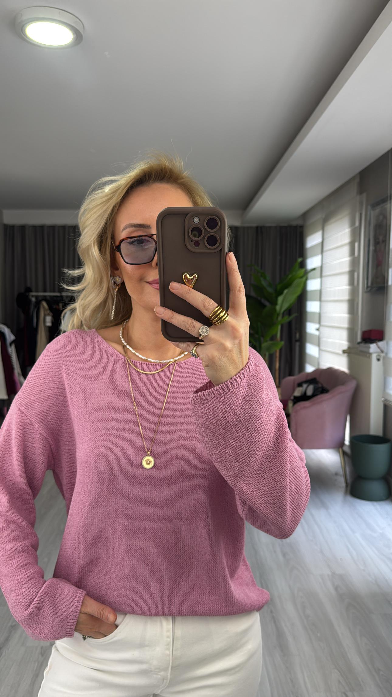 Oval Yaka Yumuşak Dokulu Pembe Triko