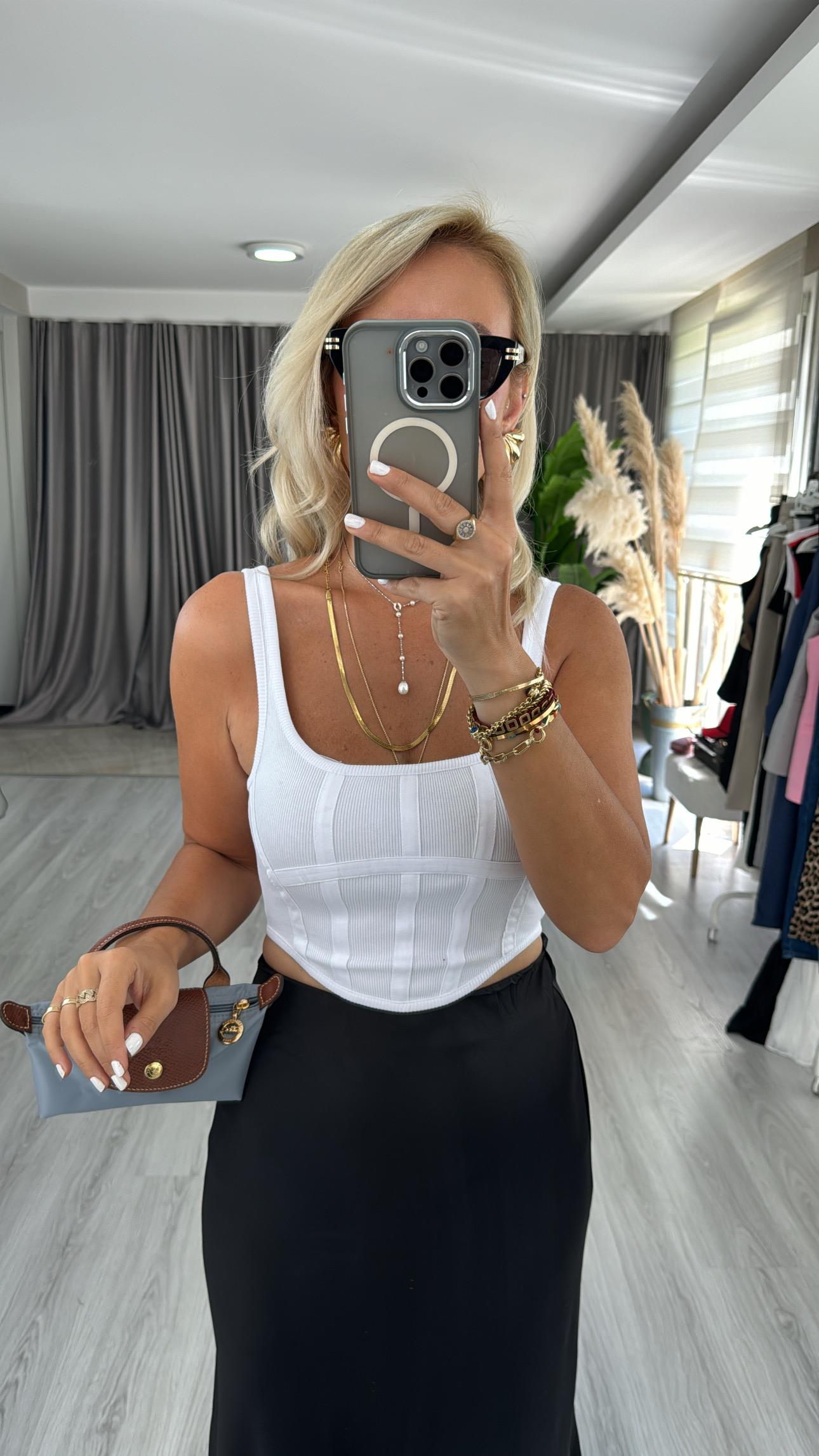 Pamuklu, Arkası Fermuarlı, Kendinden Fitilli Beyaz Crop