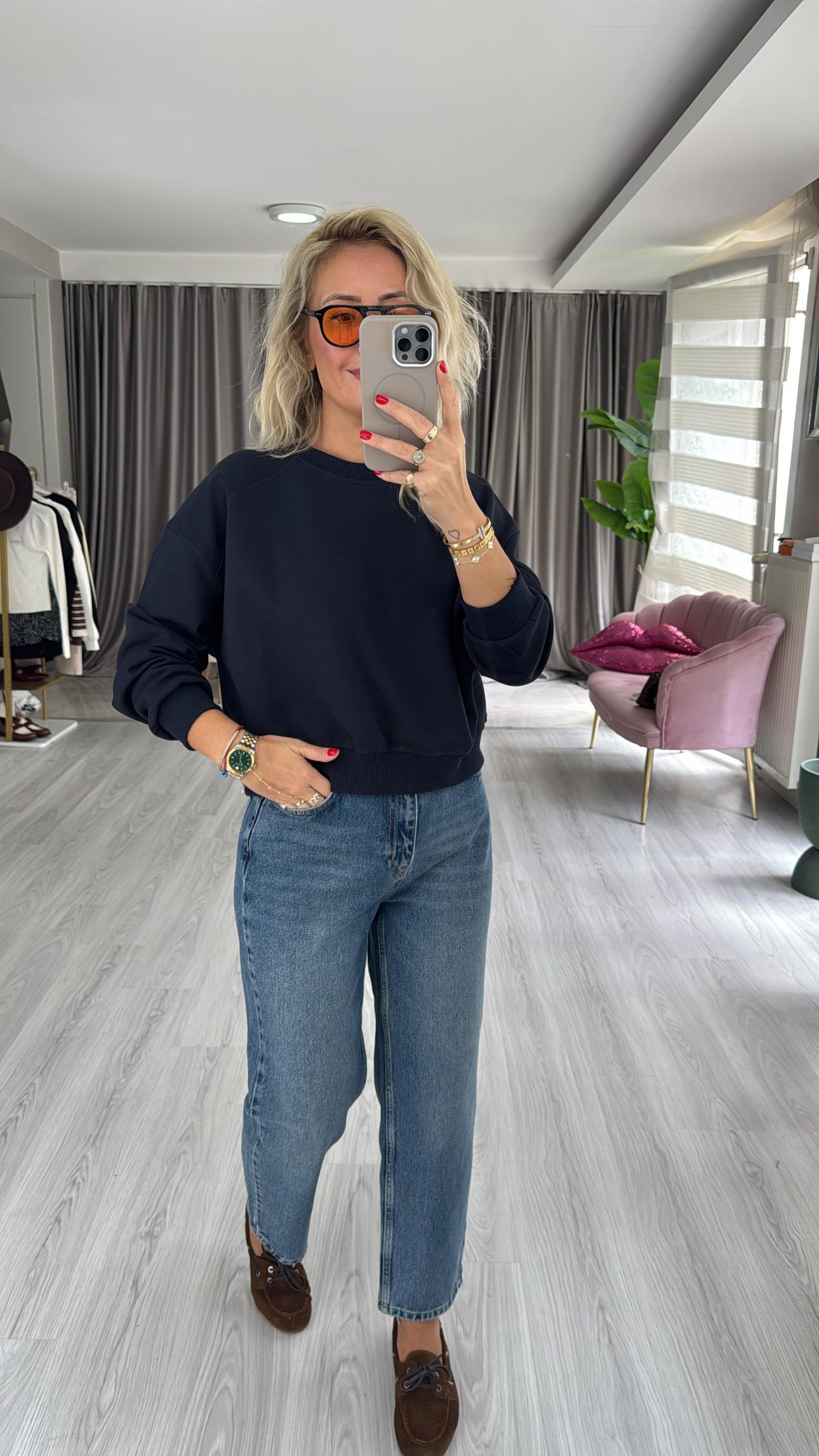 Pamuklu Şardonsuz Lacivert Sweatshirt