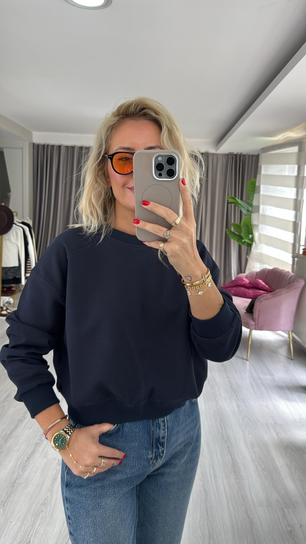 Pamuklu Şardonsuz Lacivert Sweatshirt