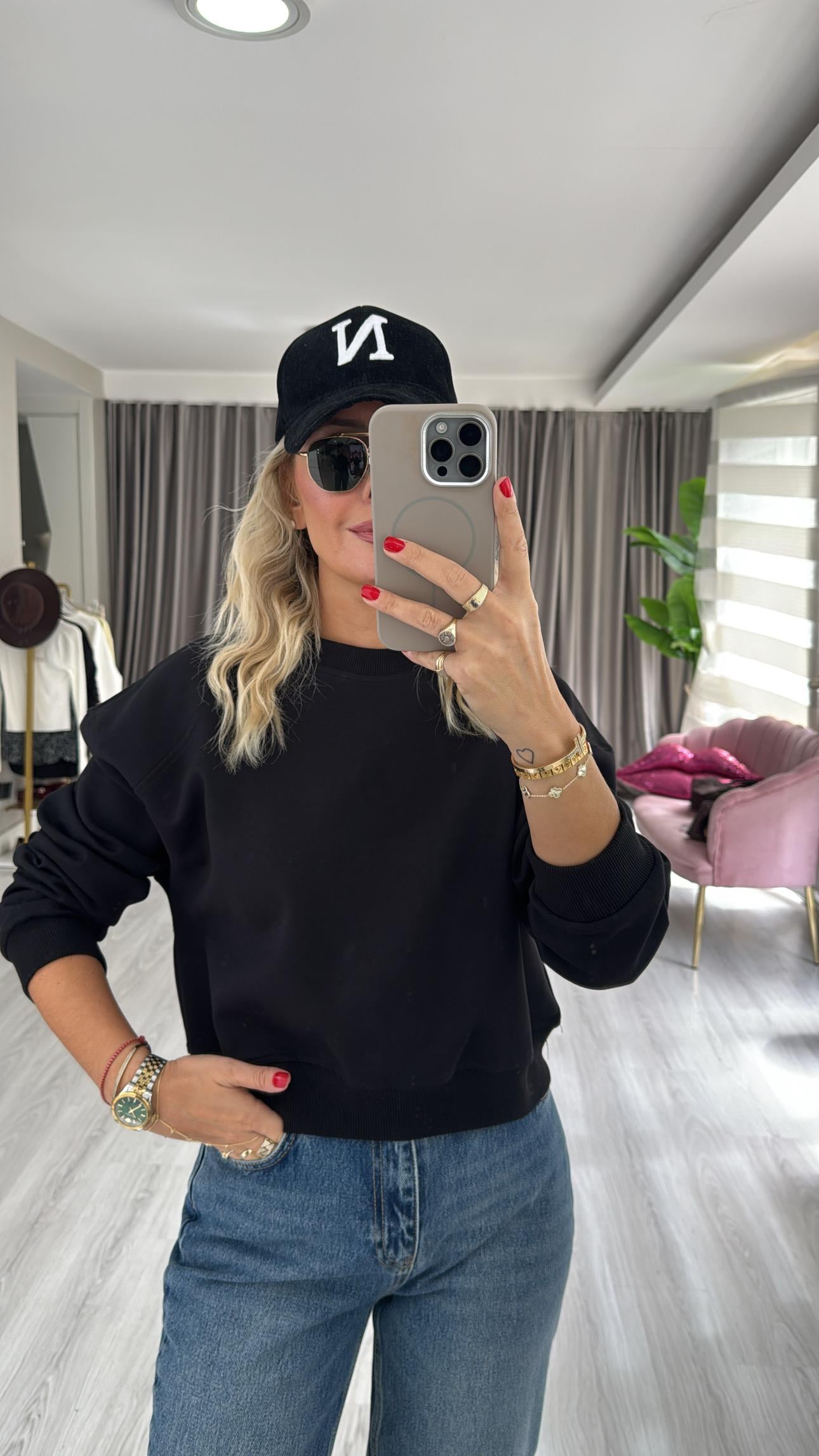 Pamuklu Şardonsuz Siyah Sweatshirt