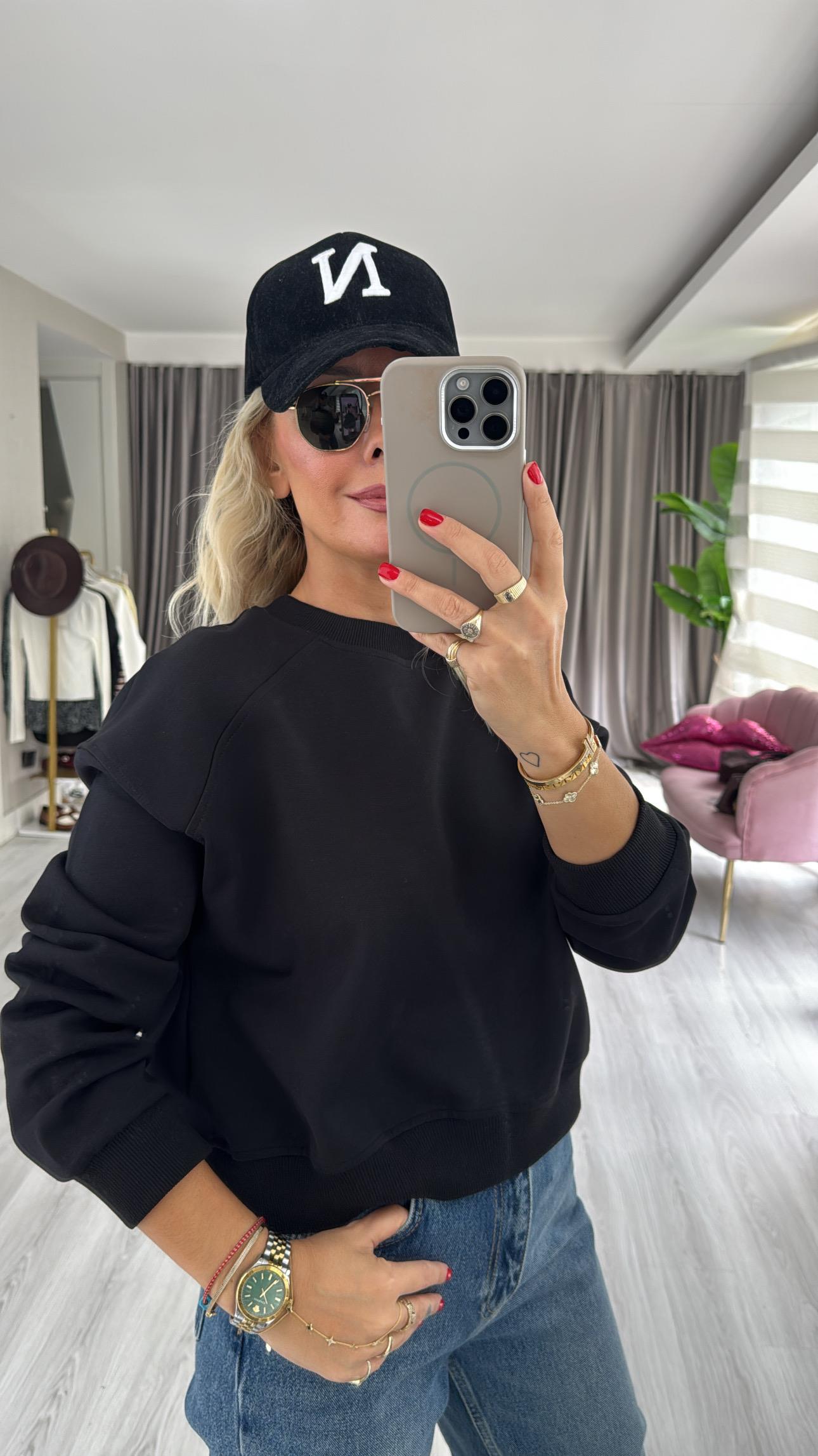 Pamuklu Şardonsuz Siyah Sweatshirt