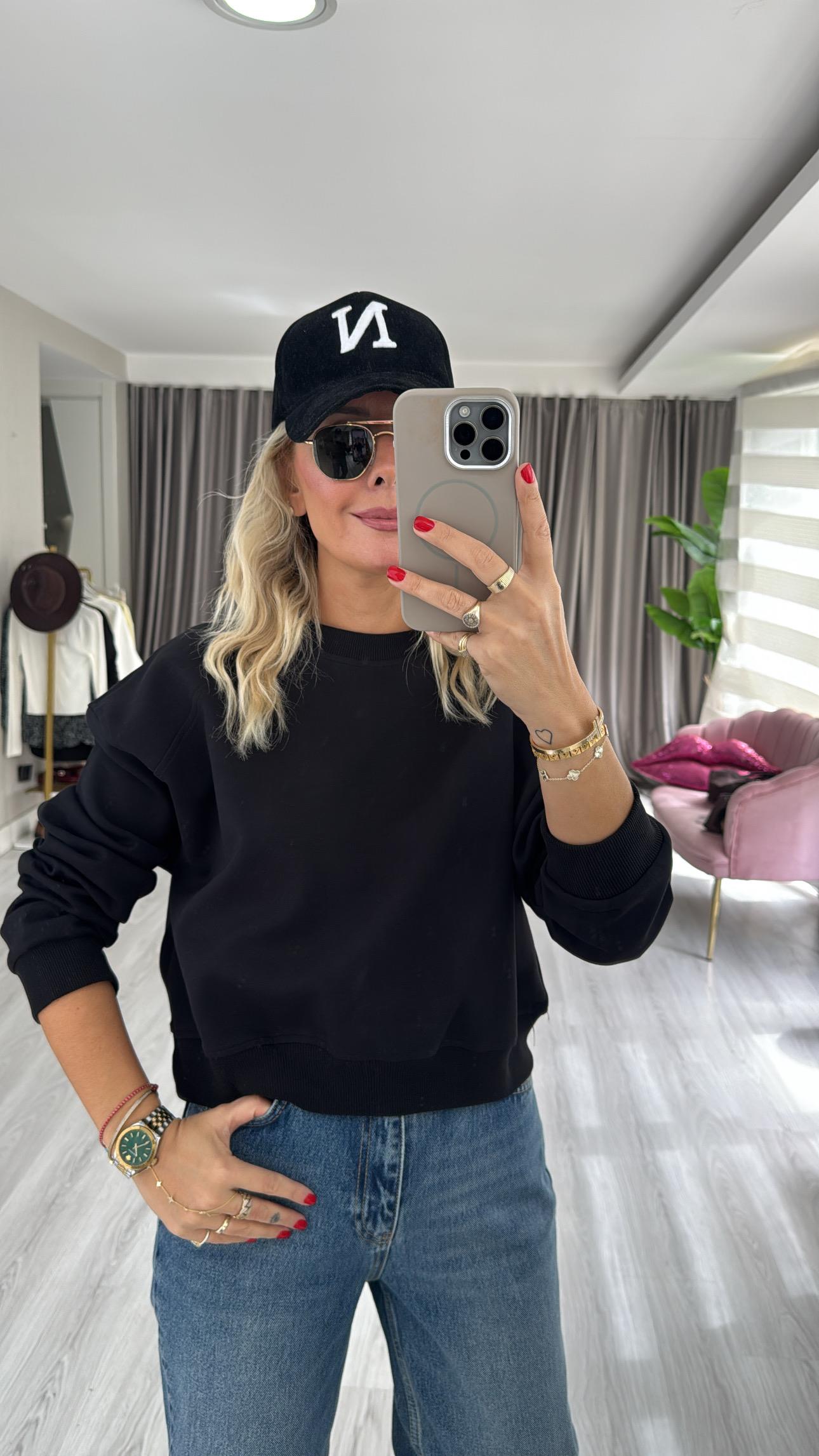 Pamuklu Şardonsuz Siyah Sweatshirt