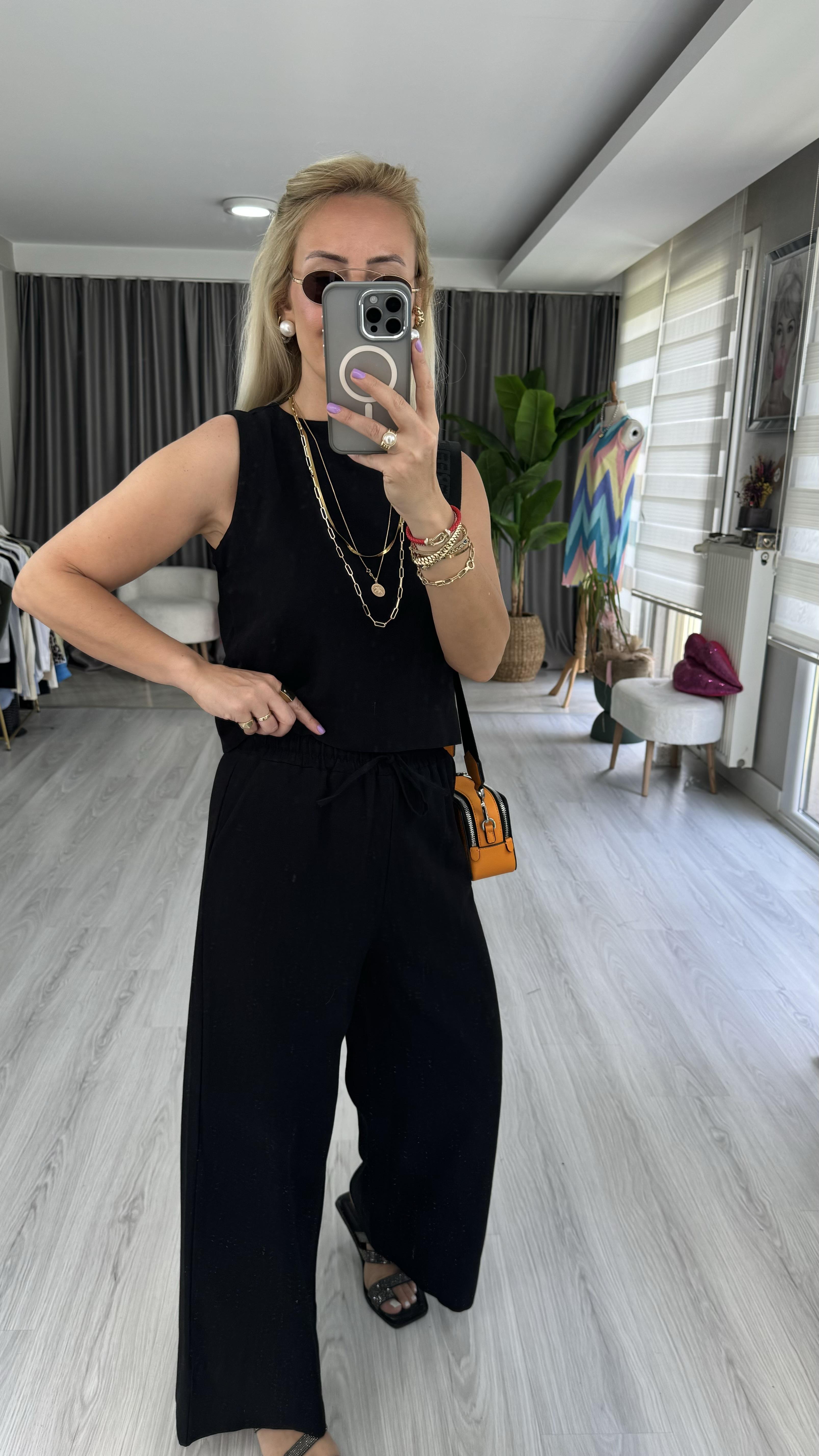 PAMUKLU SİYAH KETEN İKİLİ TAKIM