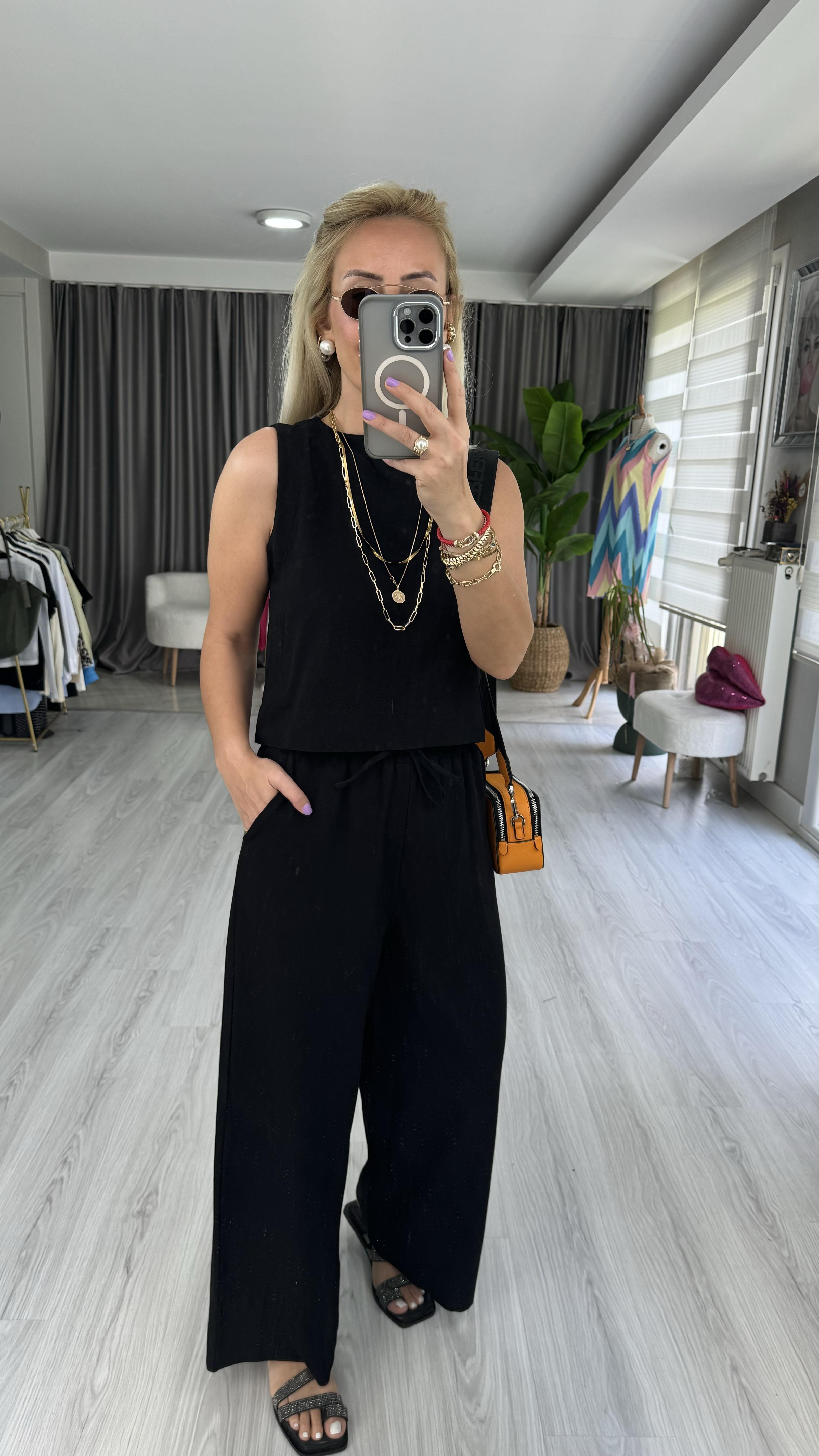 PAMUKLU SİYAH KETEN İKİLİ TAKIM