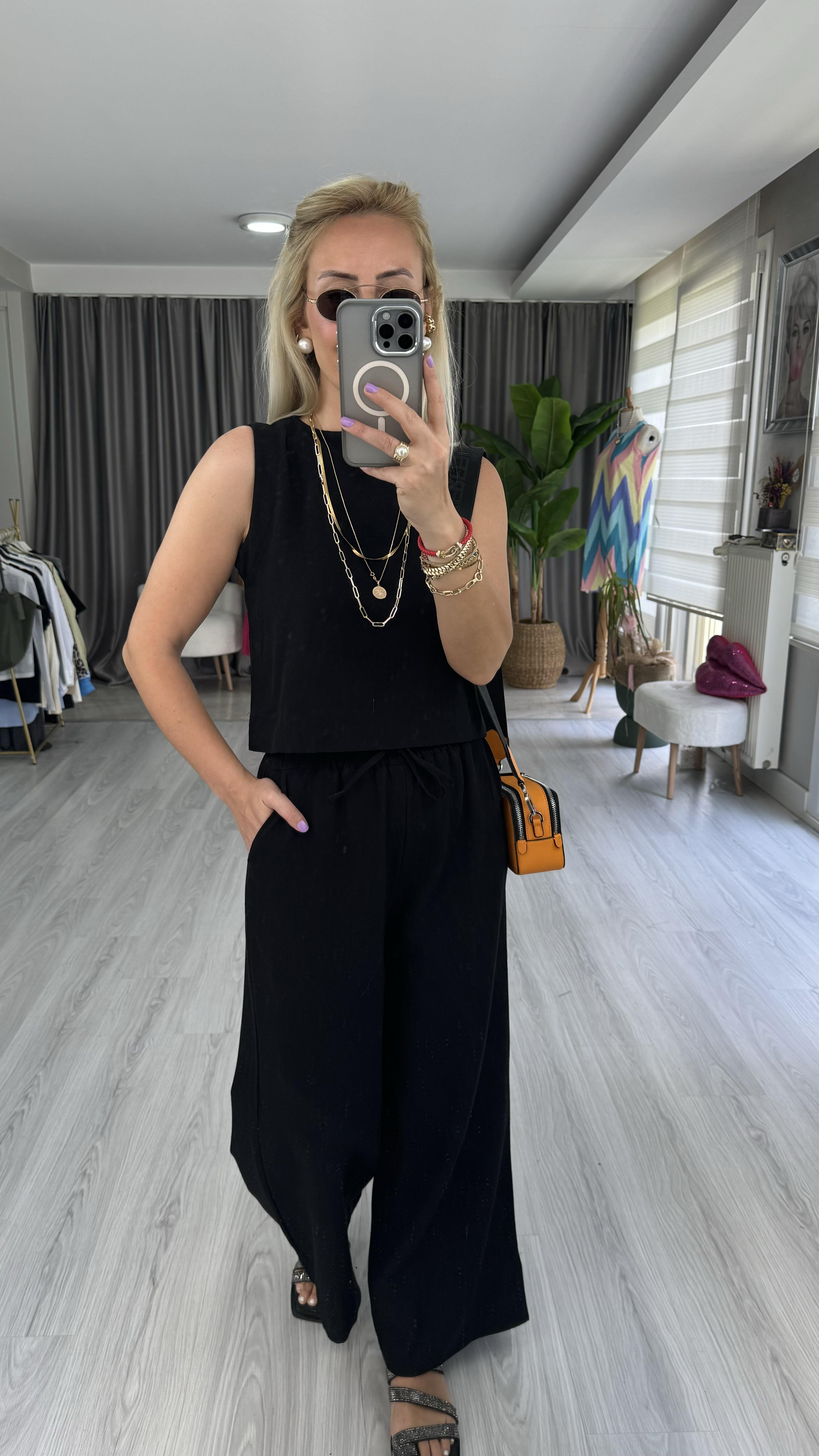 PAMUKLU SİYAH KETEN İKİLİ TAKIM