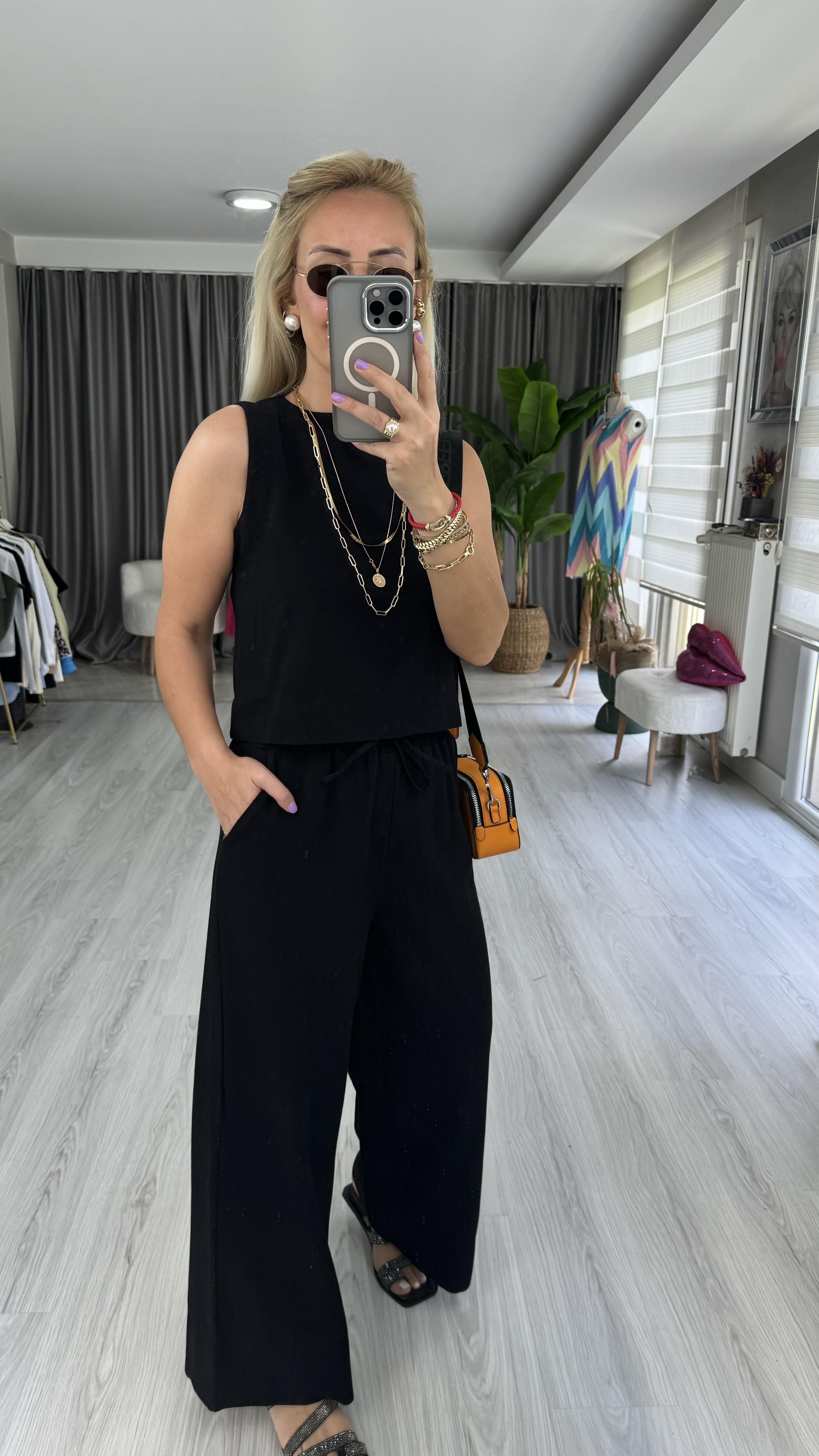 PAMUKLU SİYAH KETEN İKİLİ TAKIM