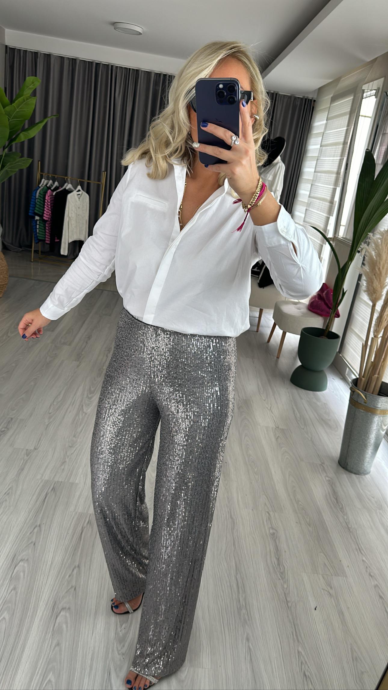 Payetli Beli Lastikli Gri Pantolon