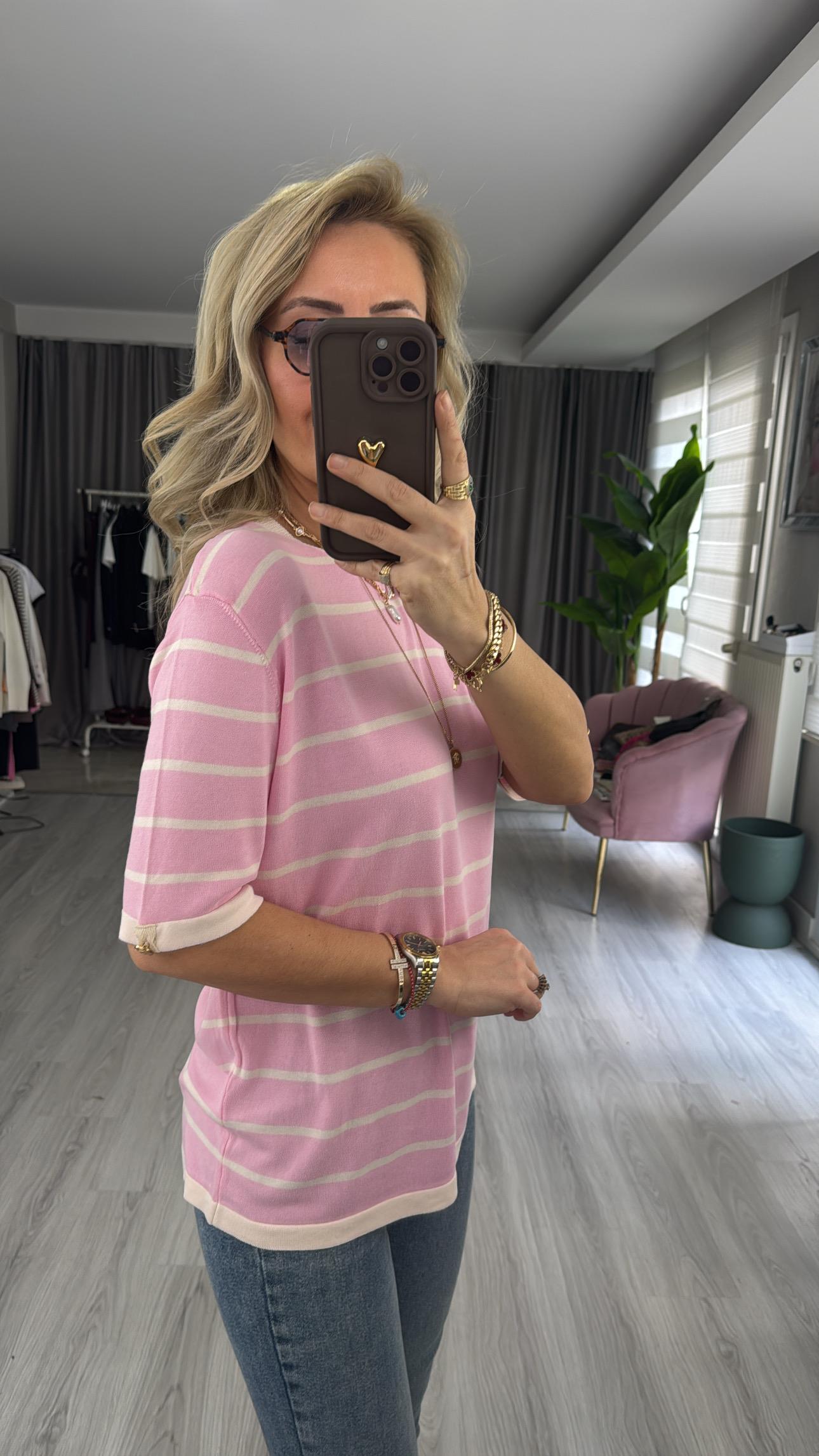 Pembe Ekru Çizgili Kolu Gold Düğme Detaylı Merserize Triko