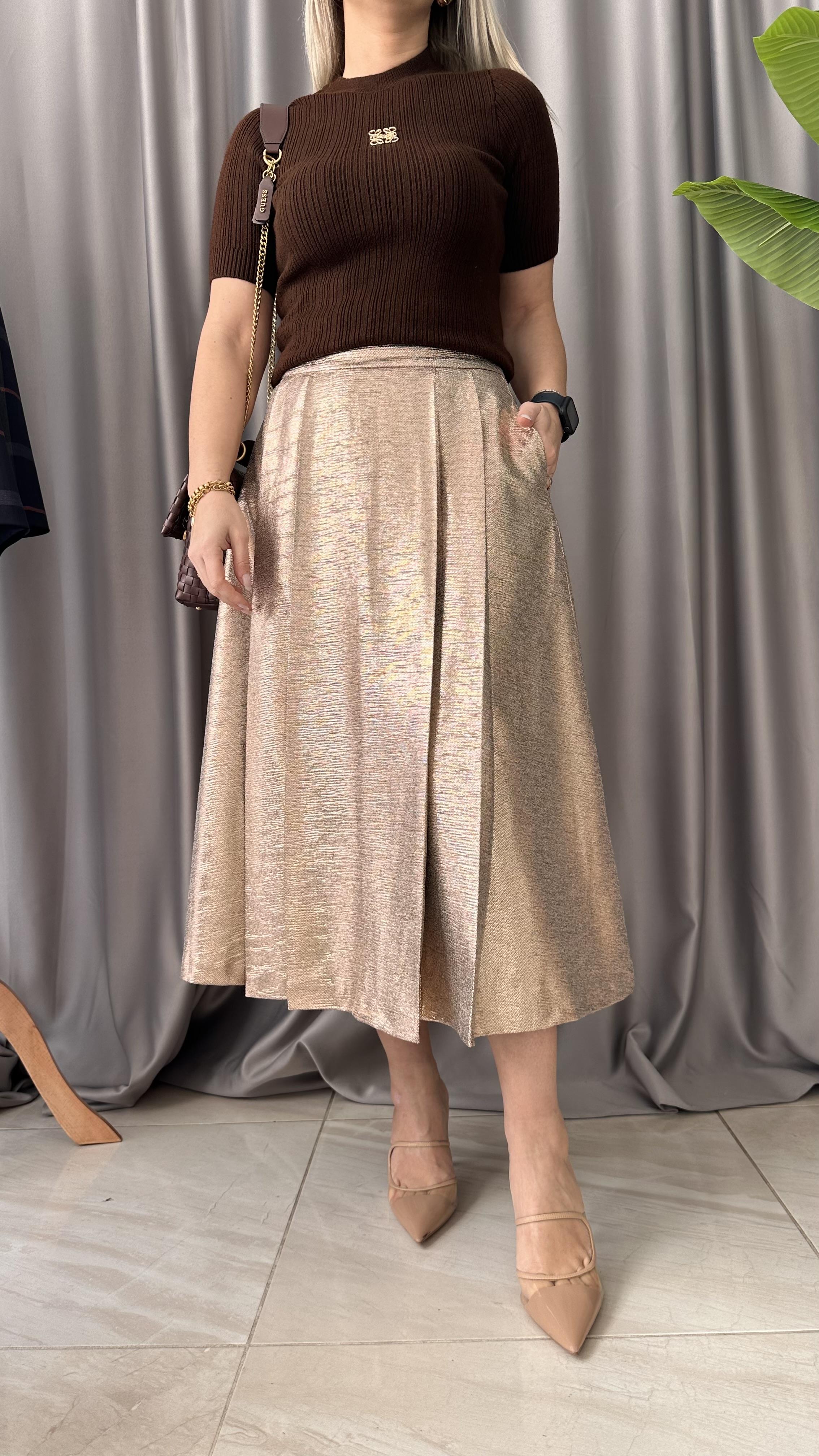 PİLELİ, KLOŞ, MİDİ BOY ROSE-GOLD ETEK