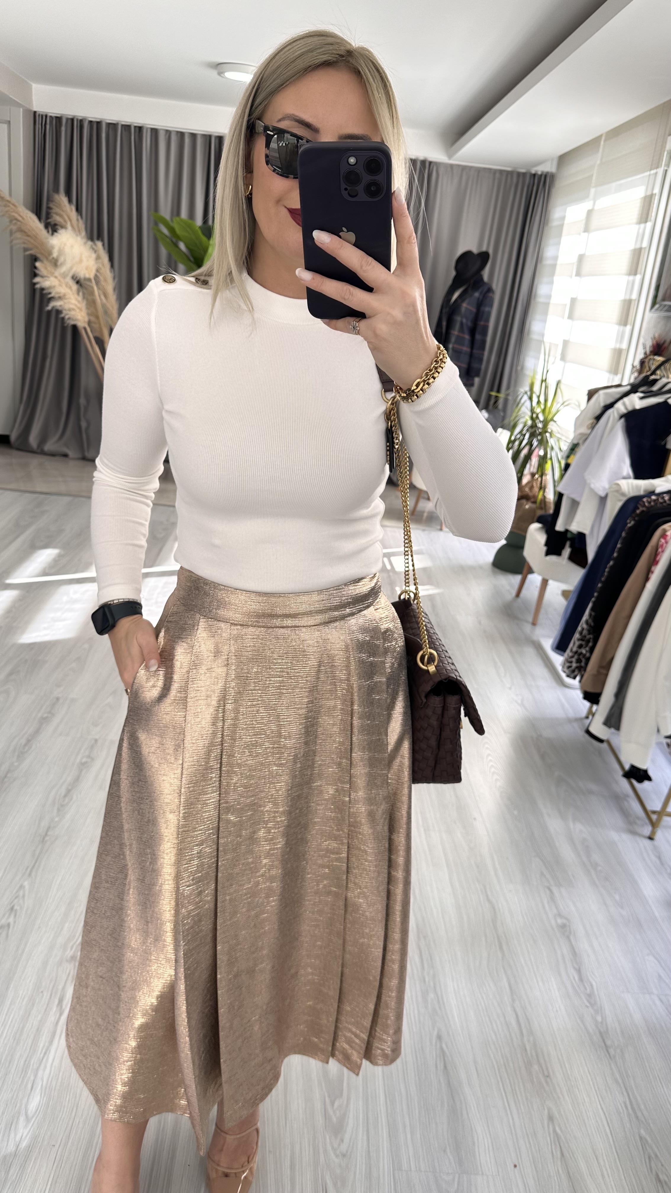 PİLELİ, KLOŞ, MİDİ BOY ROSE-GOLD ETEK