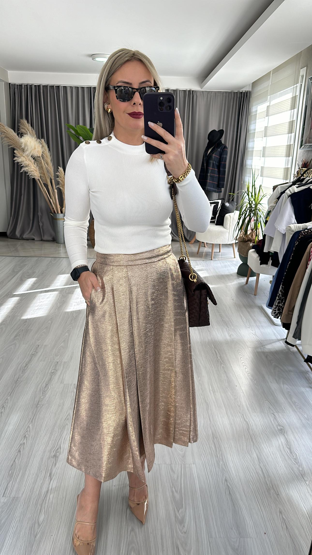 PİLELİ, KLOŞ, MİDİ BOY ROSE-GOLD ETEK