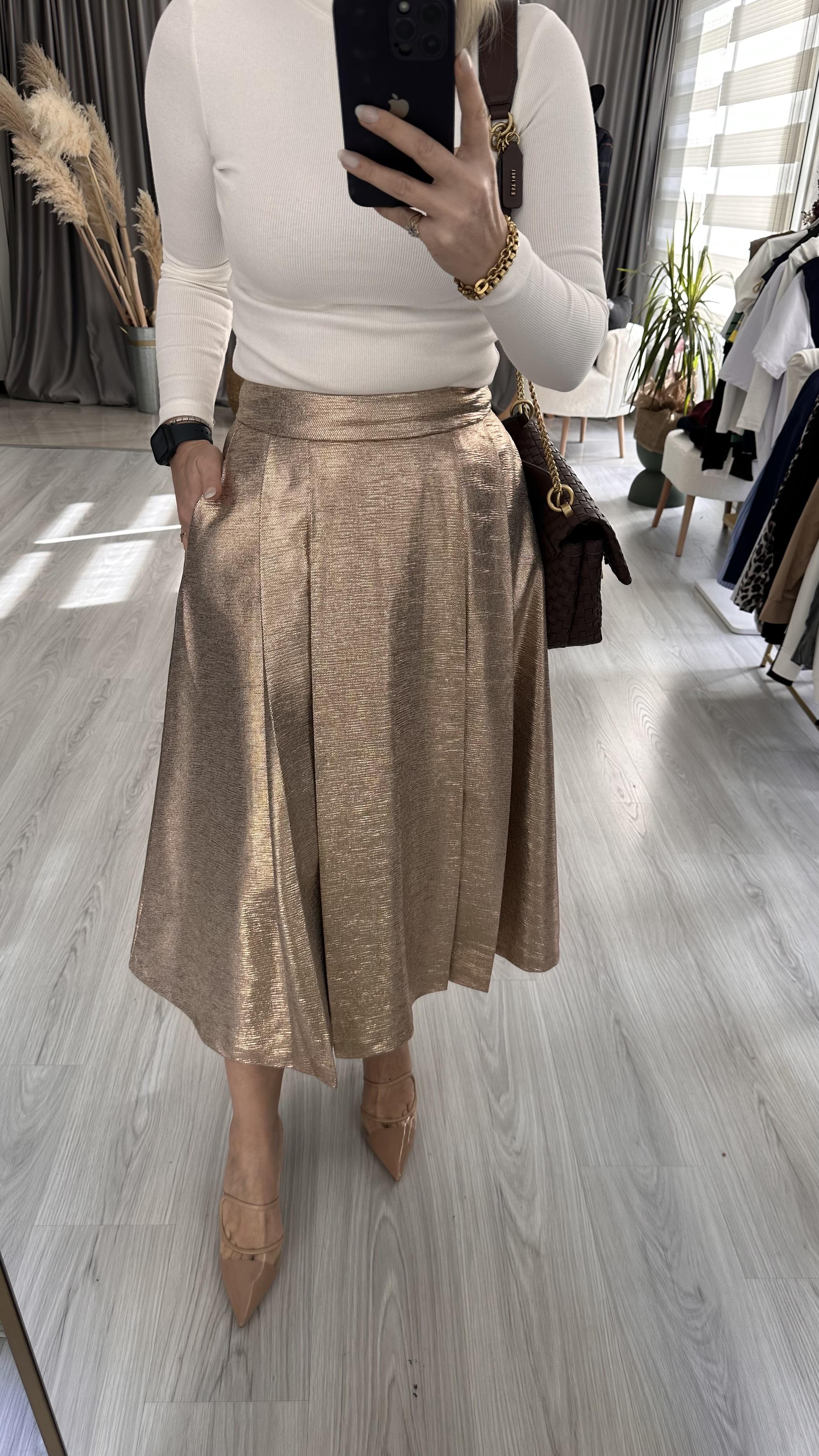 PİLELİ, KLOŞ, MİDİ BOY ROSE-GOLD ETEK