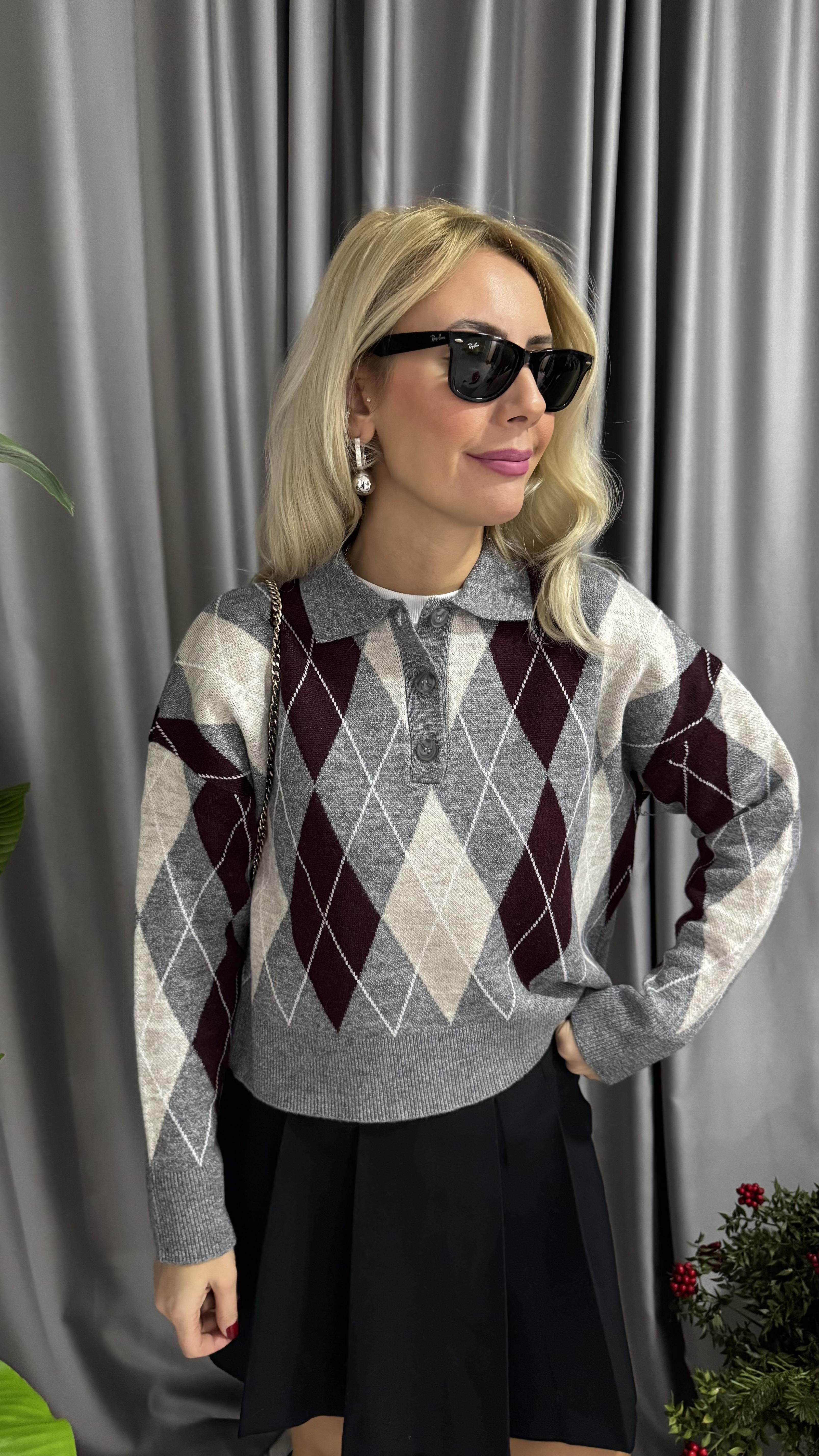 Polo Yaka Bordo Gri Baklava Desenli Premium Kazak