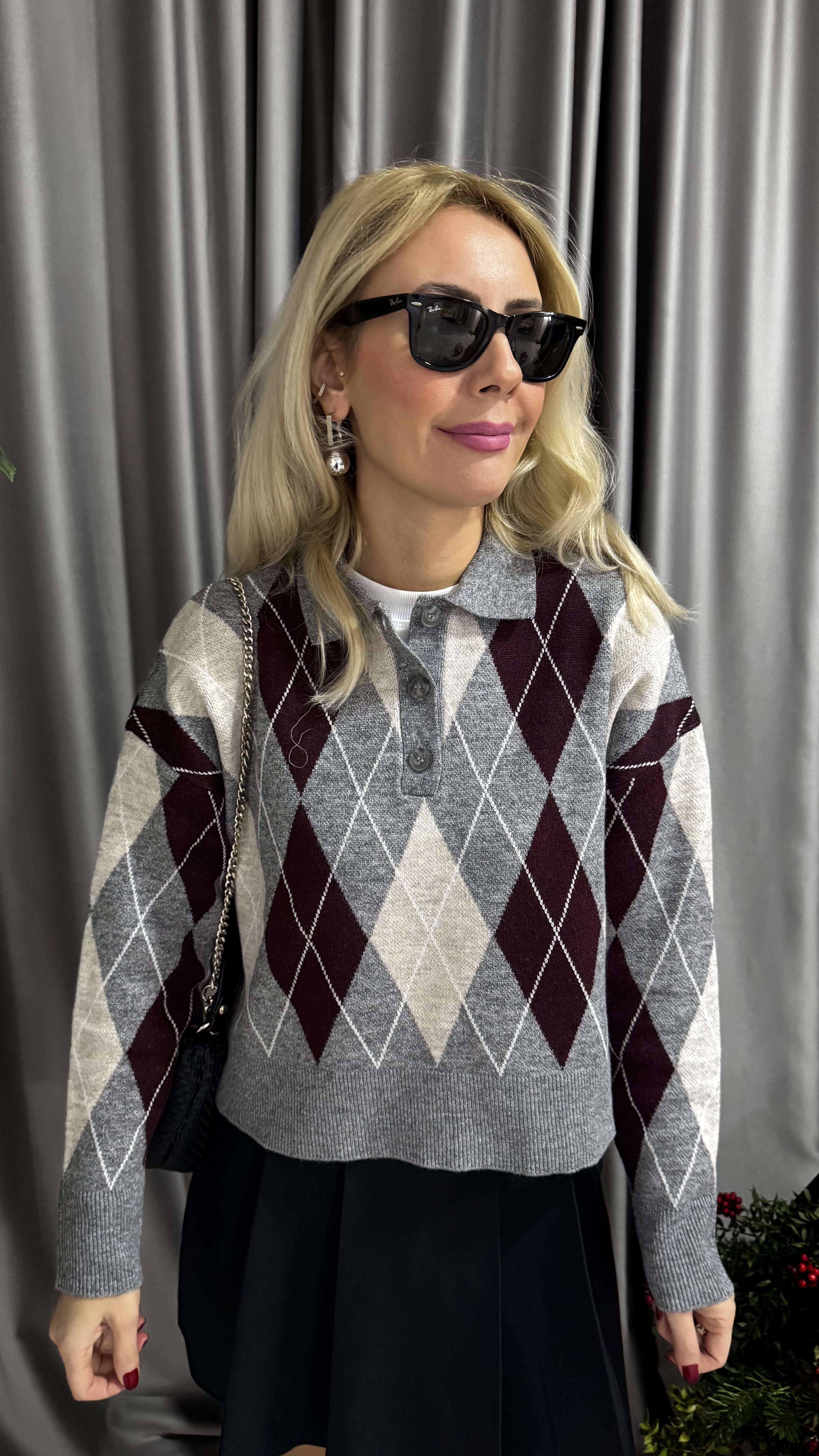 Polo Yaka Bordo Gri Baklava Desenli Premium Kazak