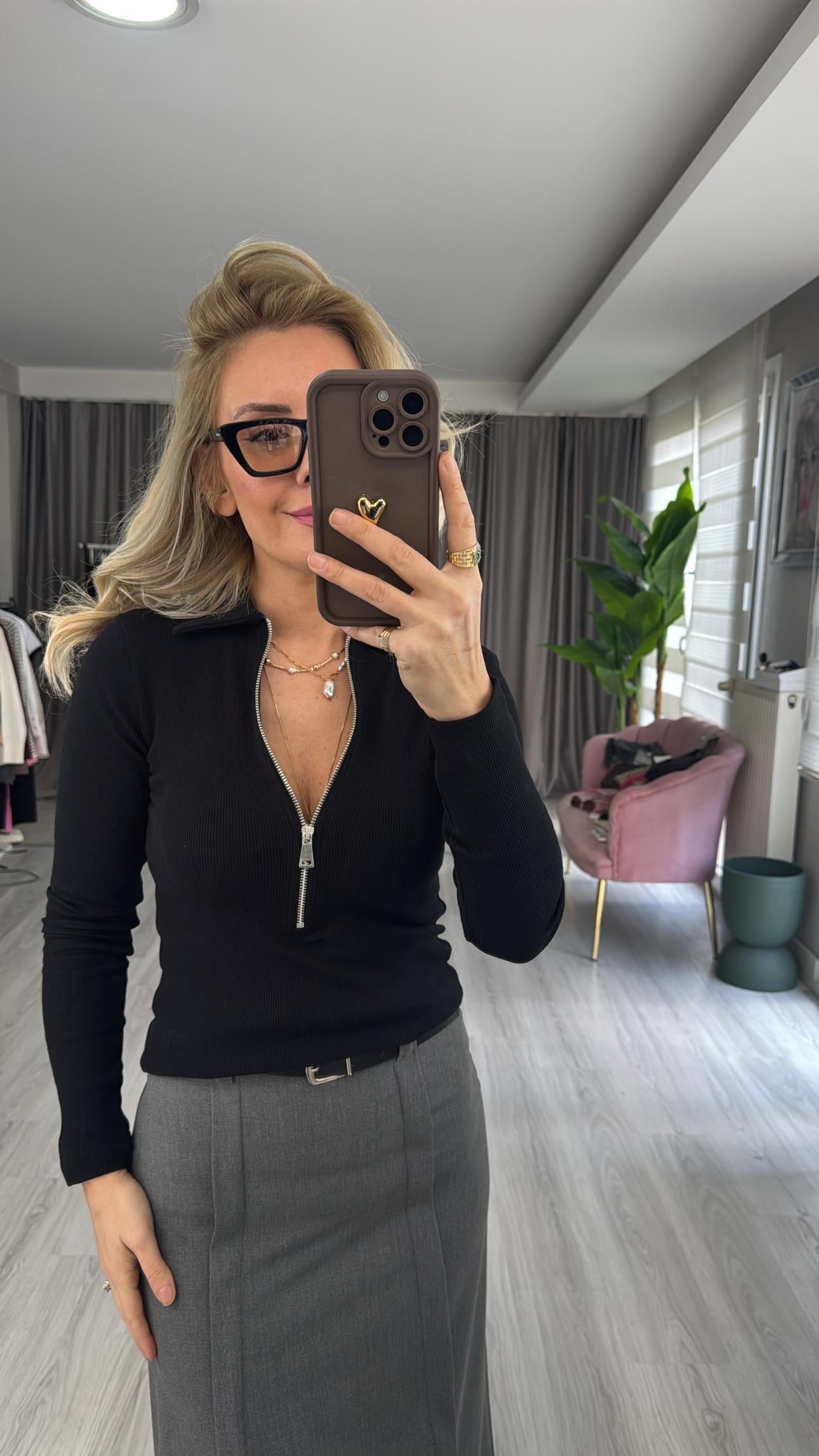 Polo Yaka Fermuar Detaylı Fitilli Siyah Triko Bluz