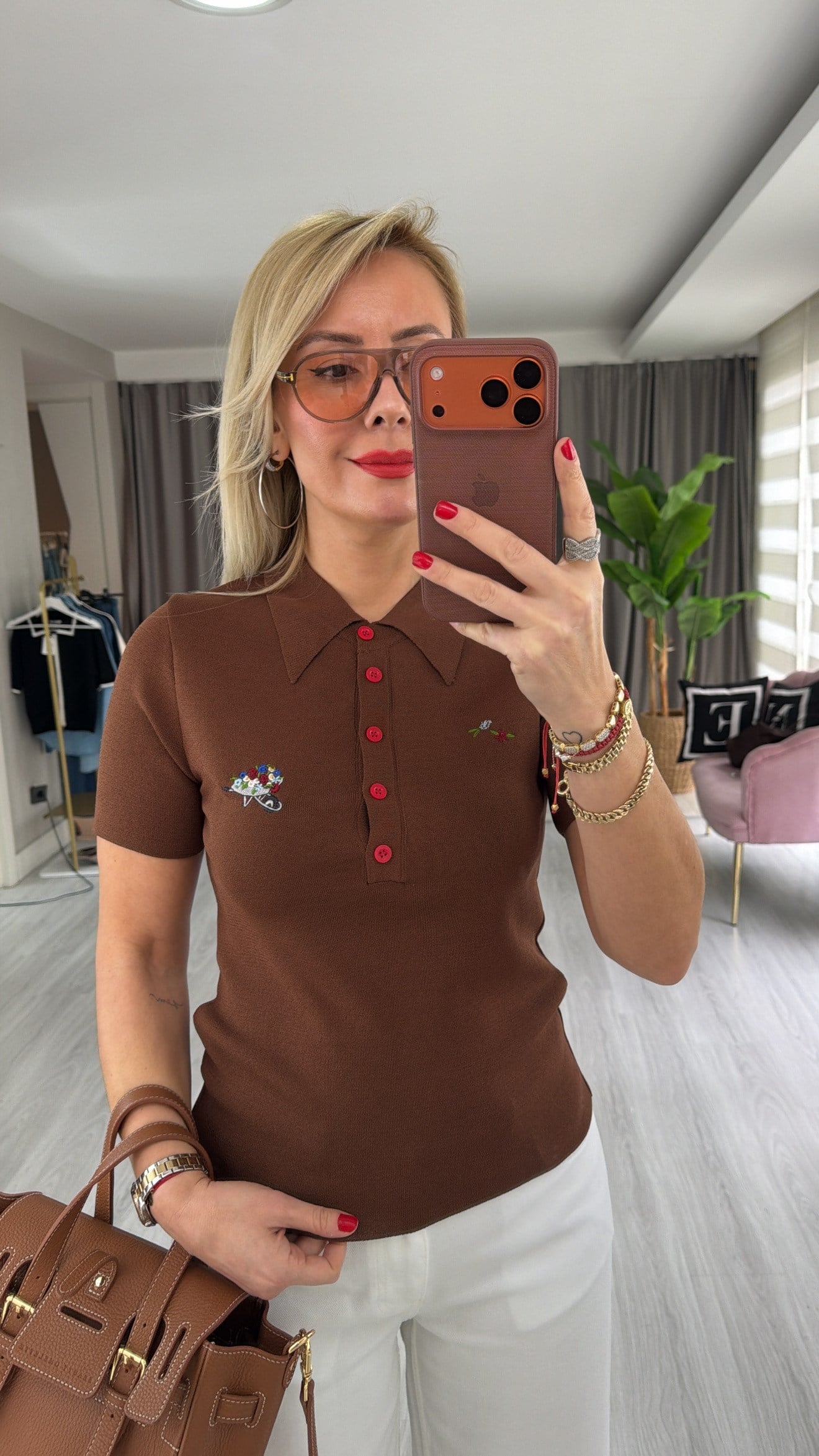 Polo Yaka Nakış İşlemeli Kahverengi Premium Triko