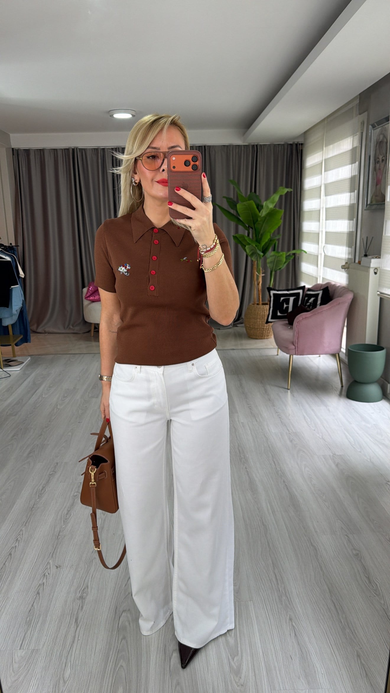 Polo Yaka Nakış İşlemeli Kahverengi Premium Triko