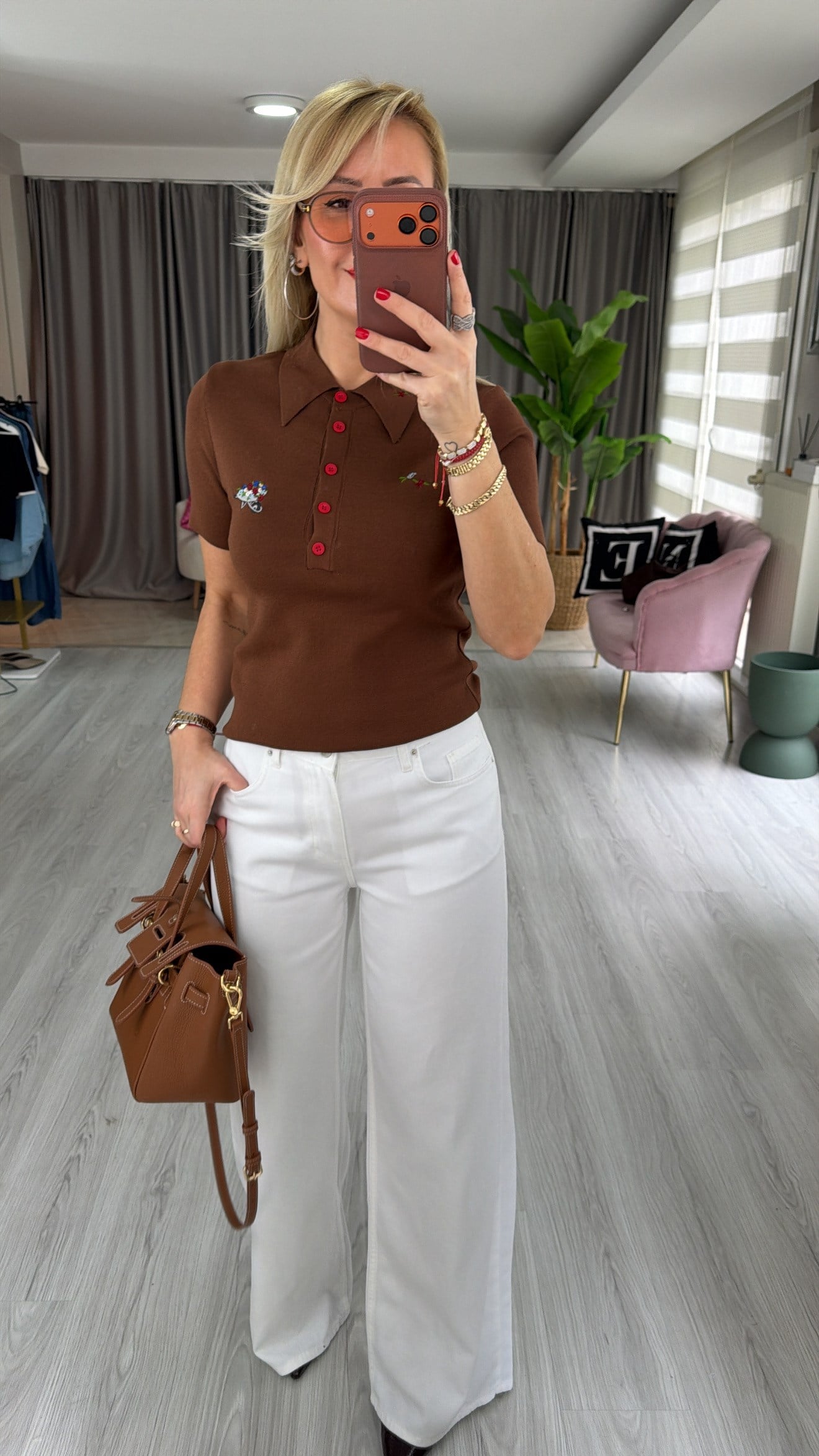 Polo Yaka Nakış İşlemeli Kahverengi Premium Triko