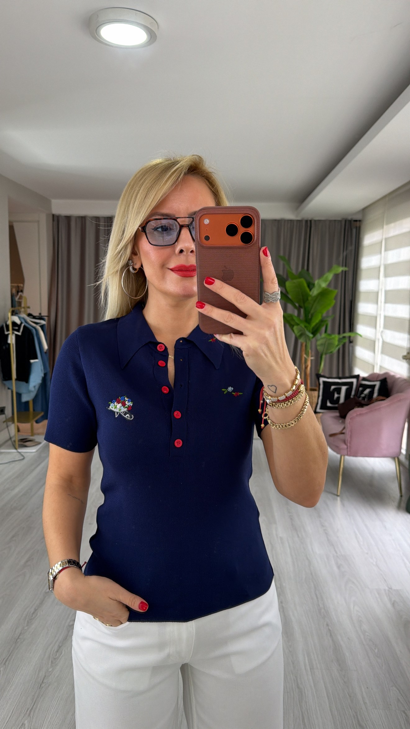 Polo Yaka Nakış İşlemeli Lacivert Premium Triko