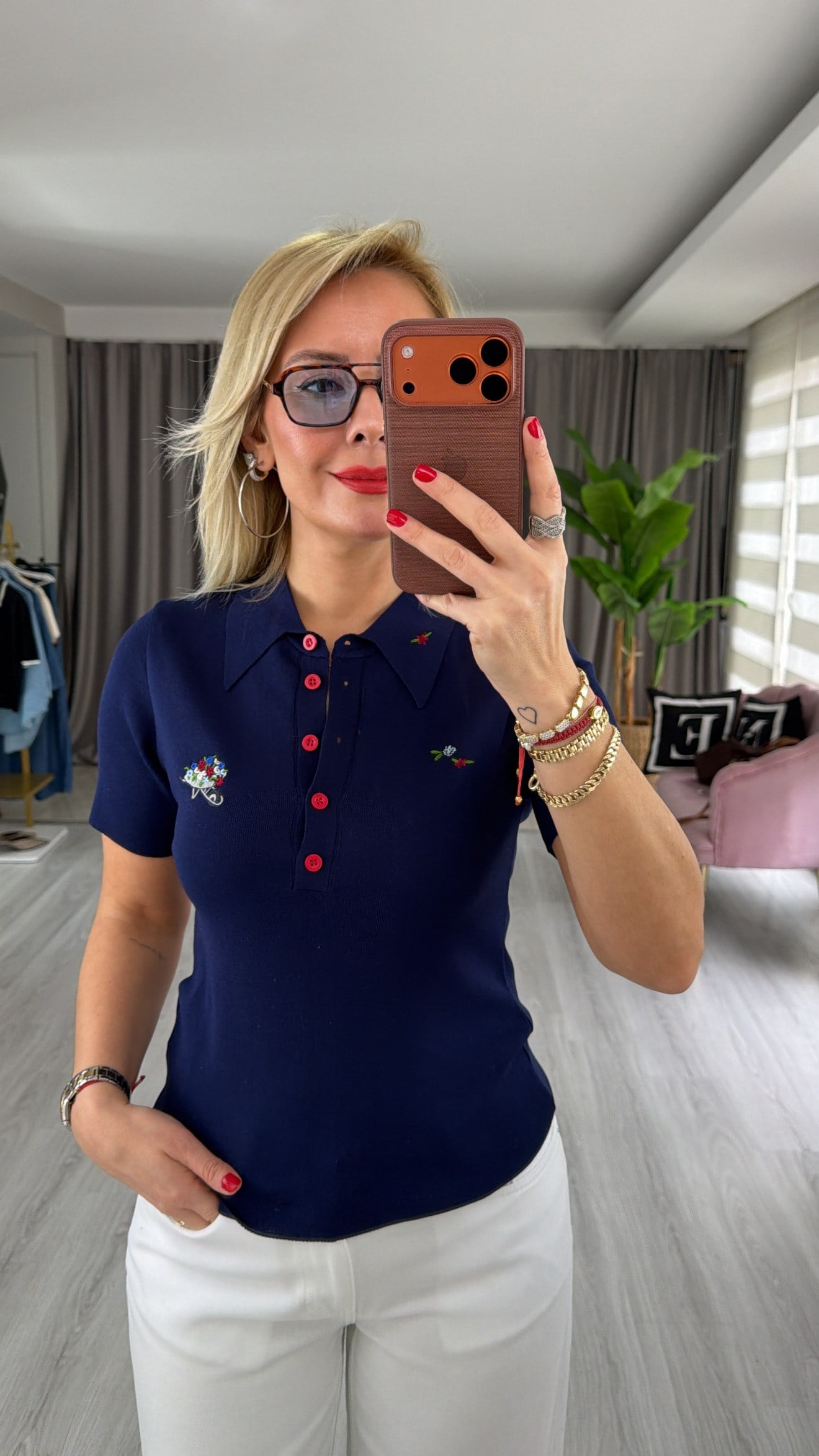 Polo Yaka Nakış İşlemeli Lacivert Premium Triko