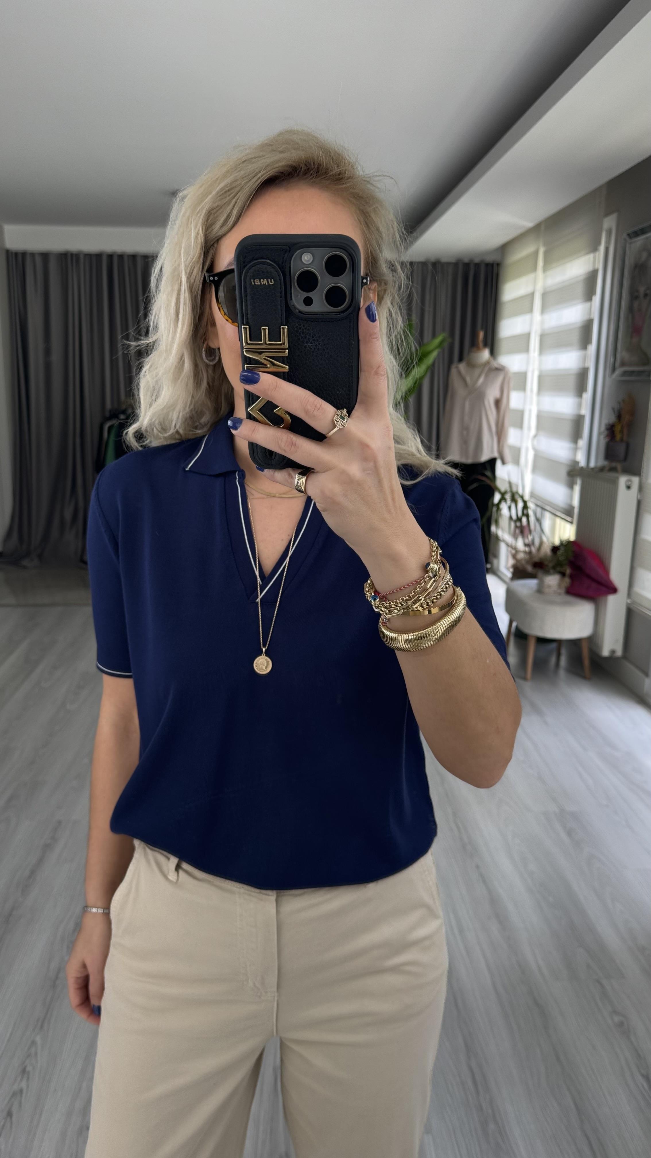 POLO YAKA, YAKASI BEYAZ ŞERİTLİ LACİVERT MERSERİZE TRİKO