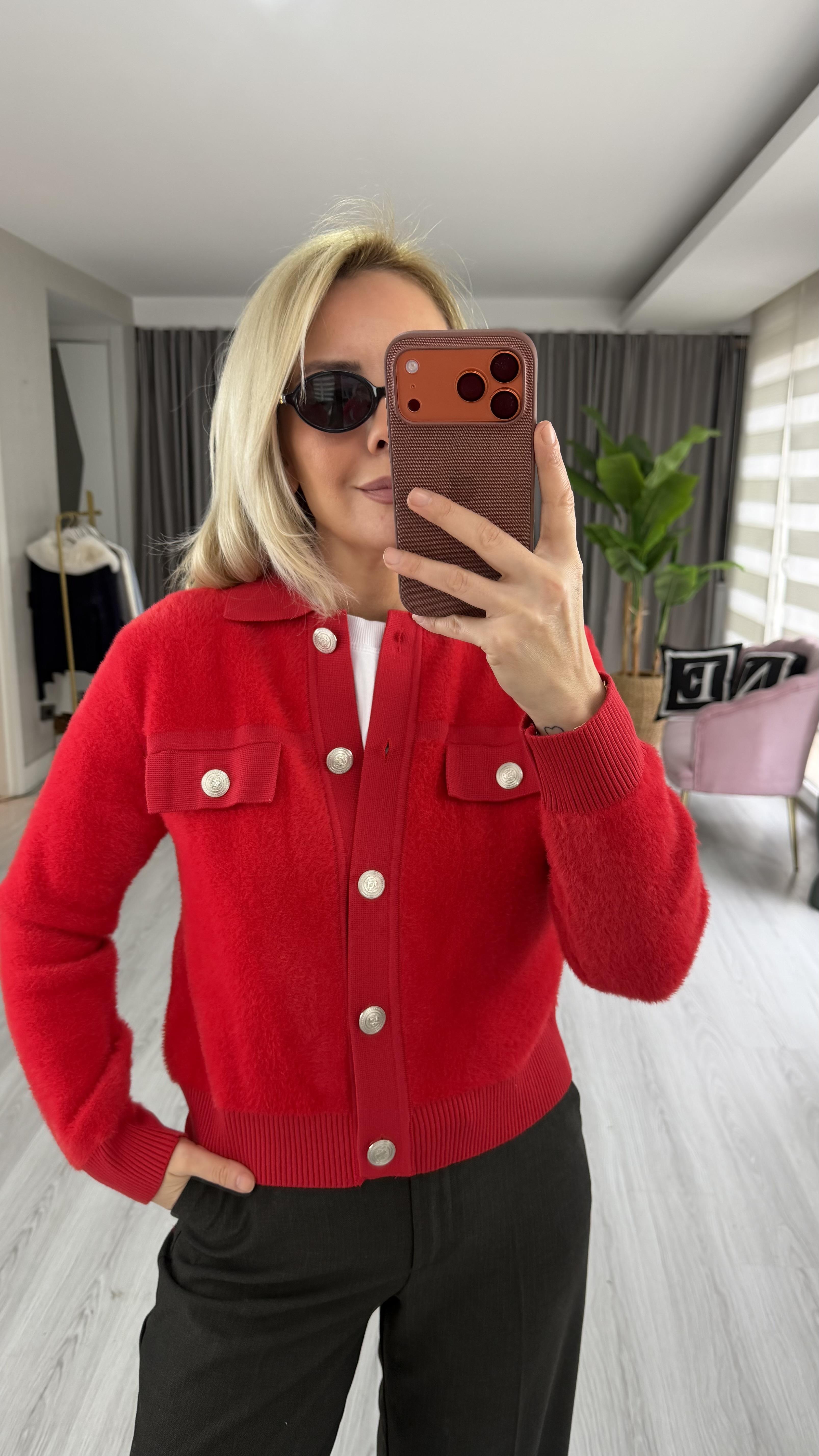 Premium Silver Düğmeli Sakallı Kırmızı Triko Ceket