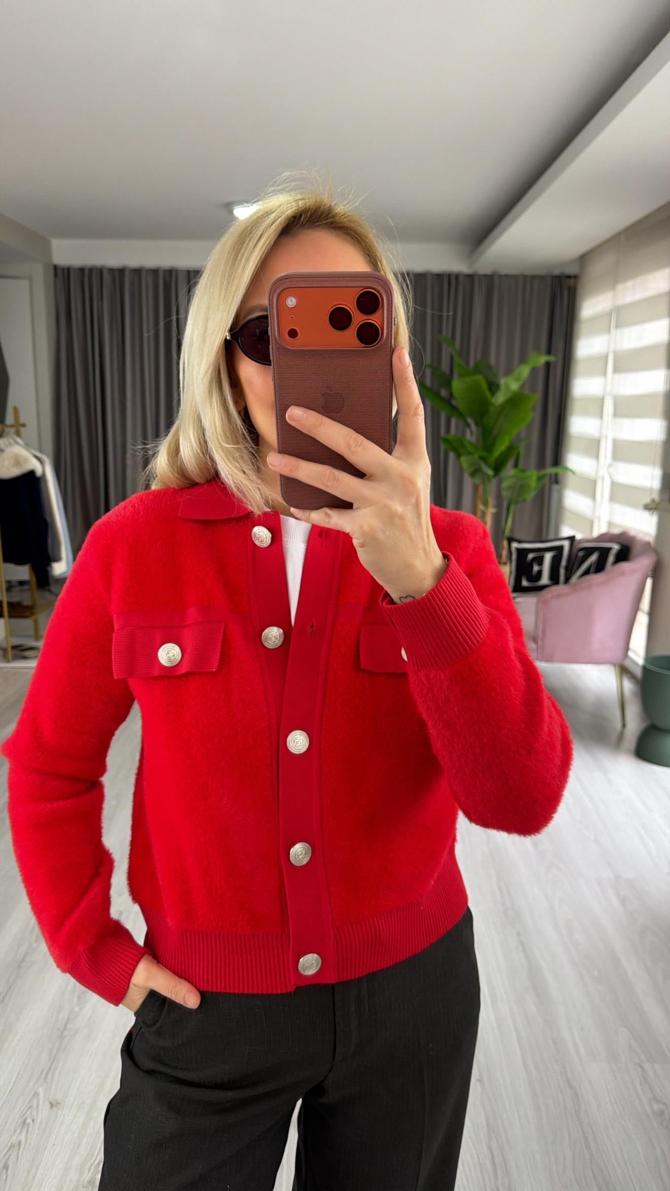 Premium Silver Düğmeli Sakallı Kırmızı Triko Ceket