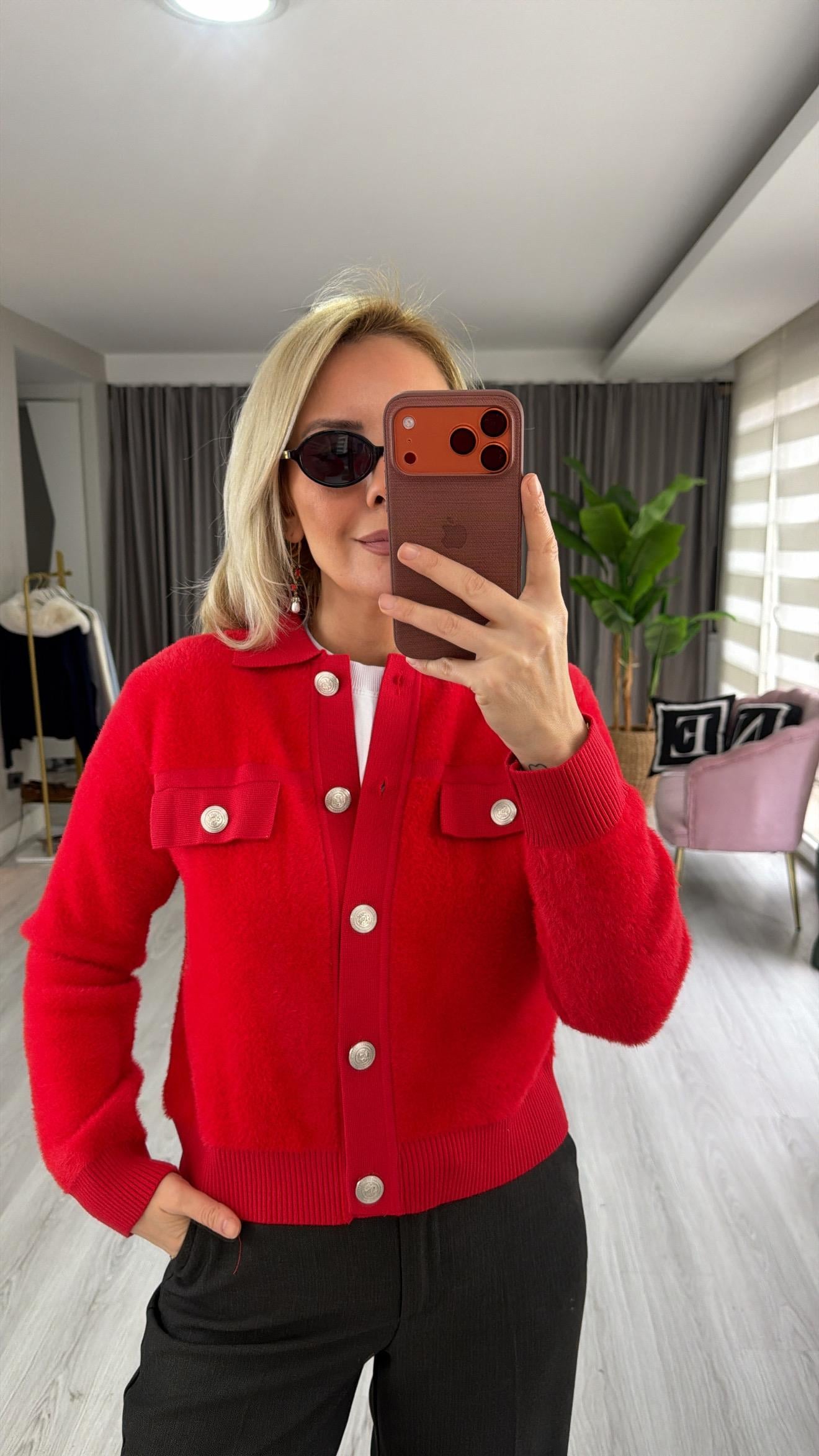 Premium Silver Düğmeli Sakallı Kırmızı Triko Ceket