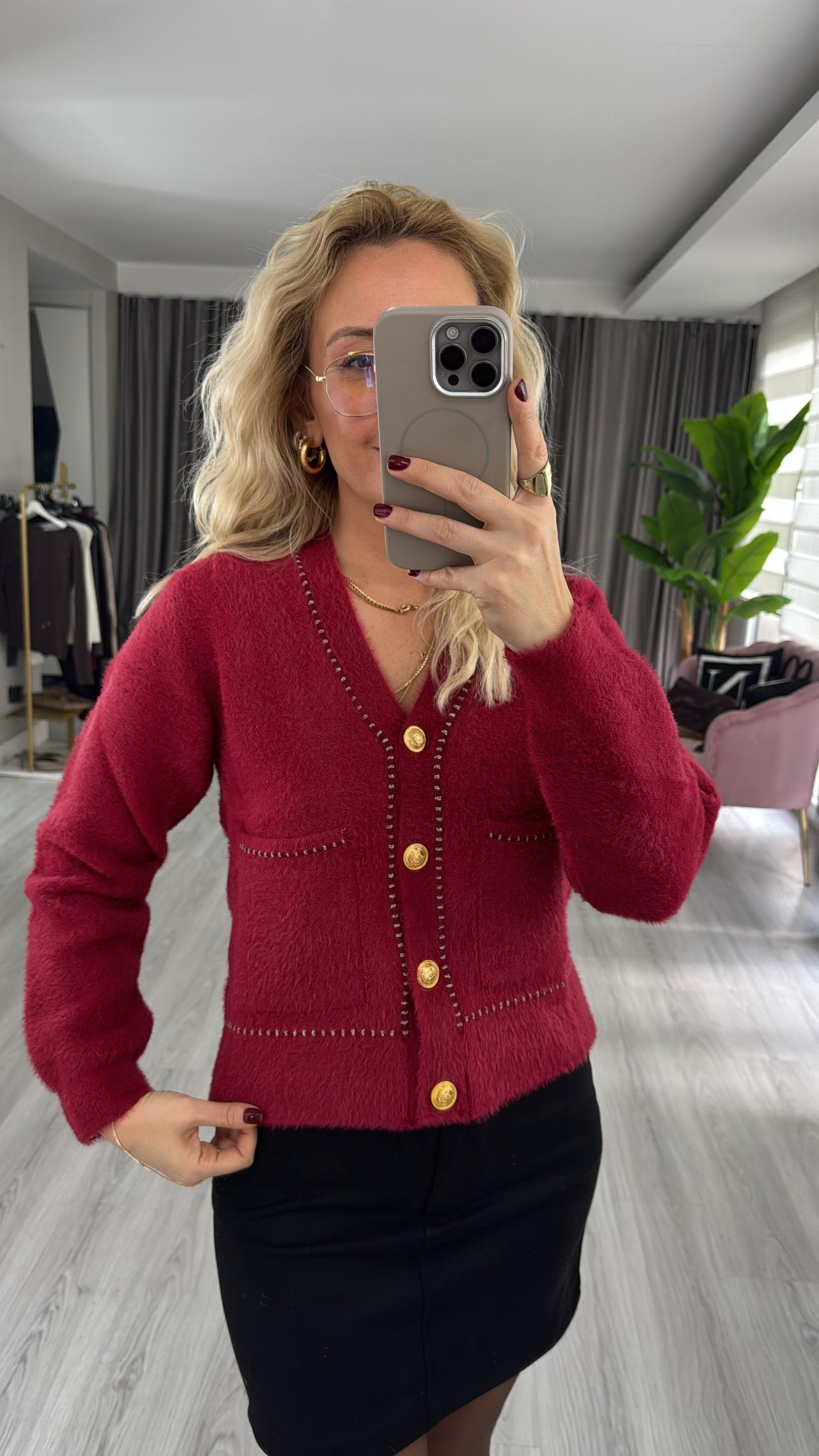 Premium Gold Düğmeli Sim Biyeli Kırmızı Triko Ceket