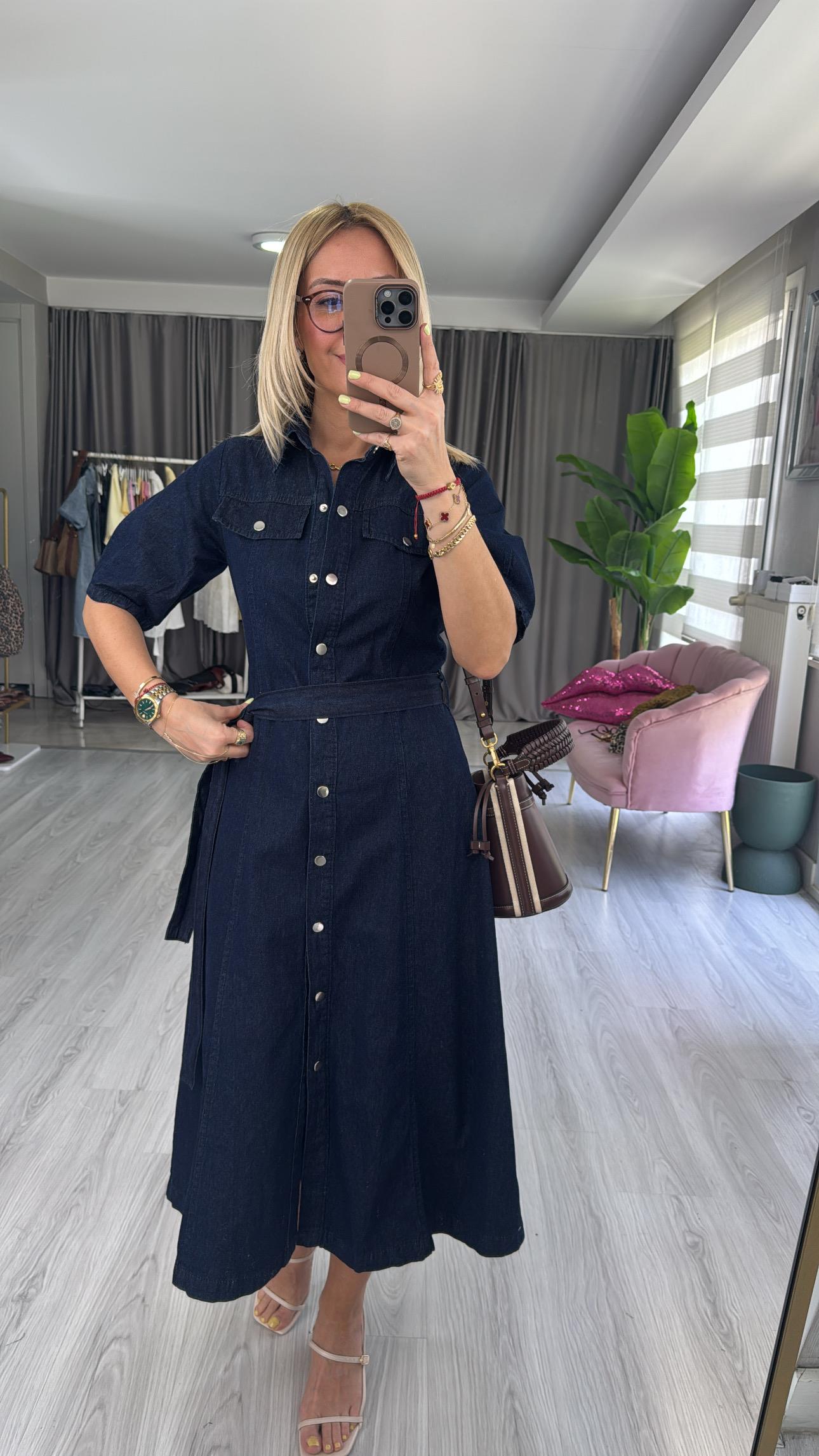 Premium Kuşaklı Lacivert Jean Gömlek Elbise