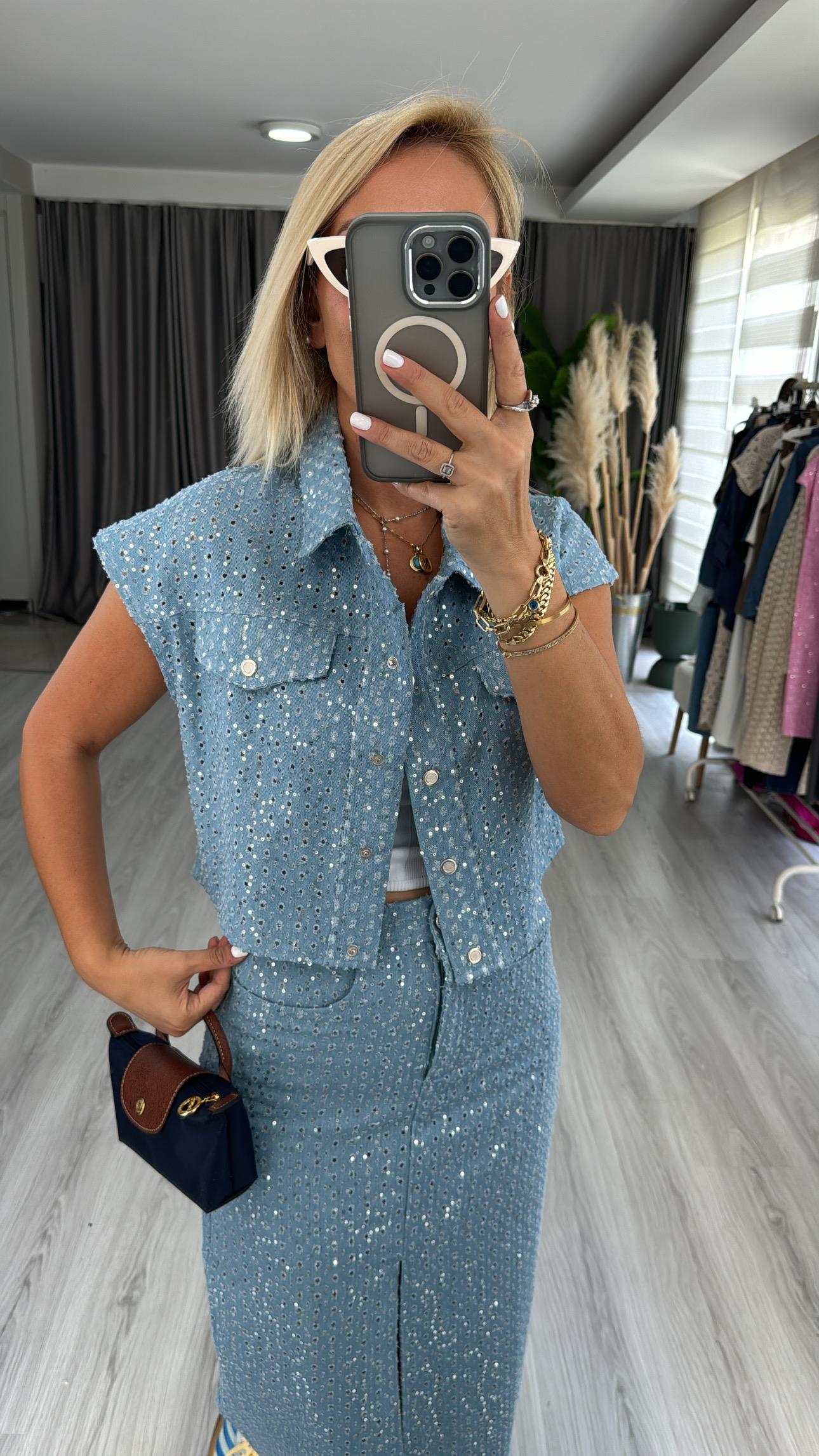 Premium, Payetli Mavi Denim Ceket