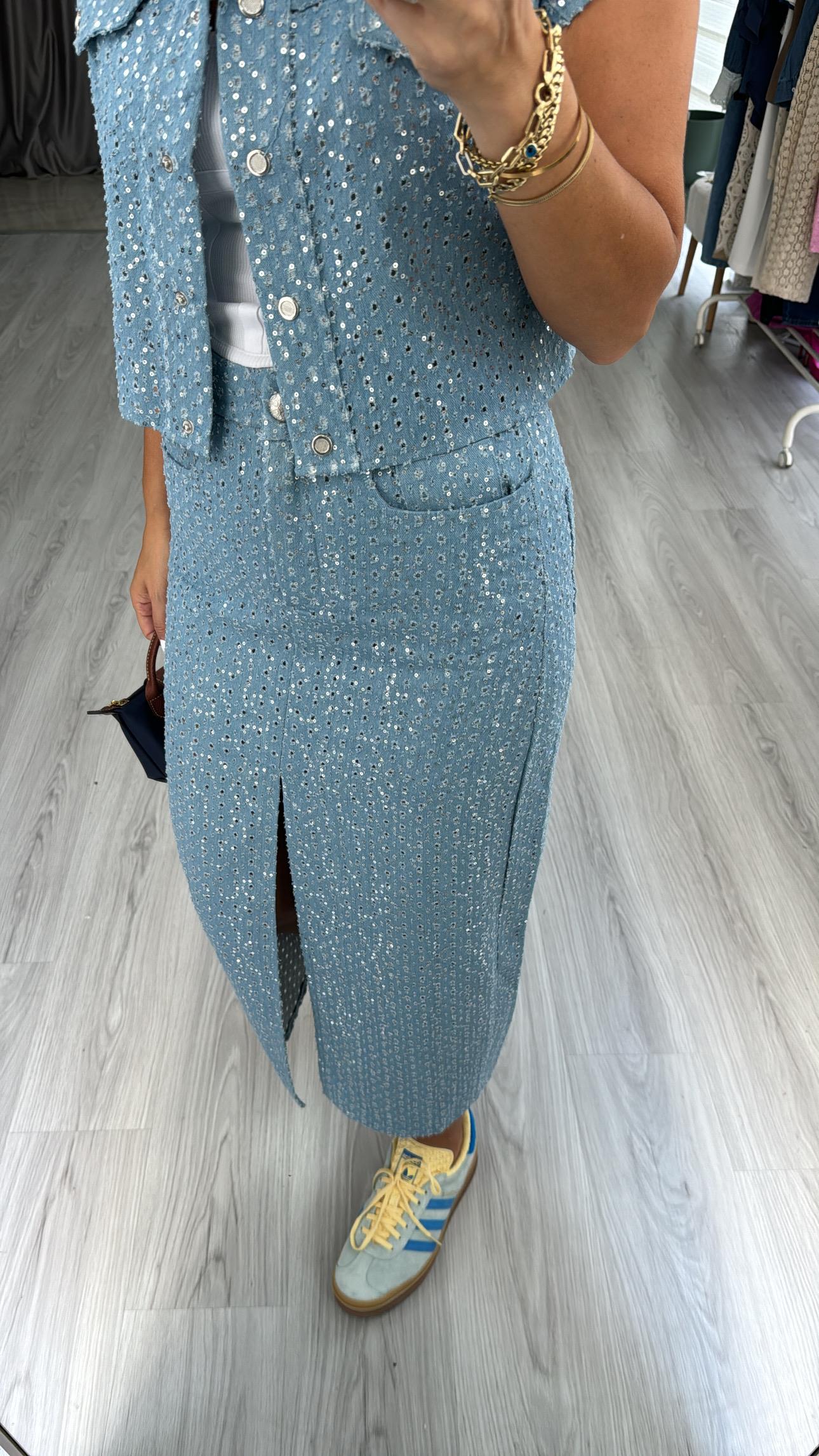 Premium, Payetli Mavi Denim Etek