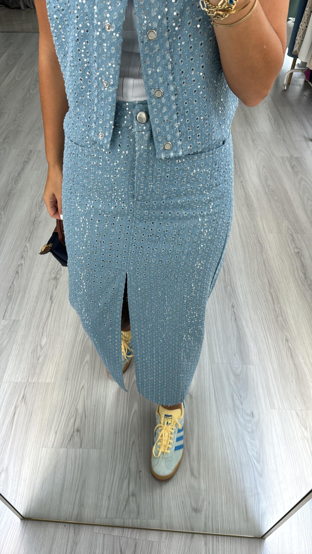 Premium, Payetli Mavi Denim Etek