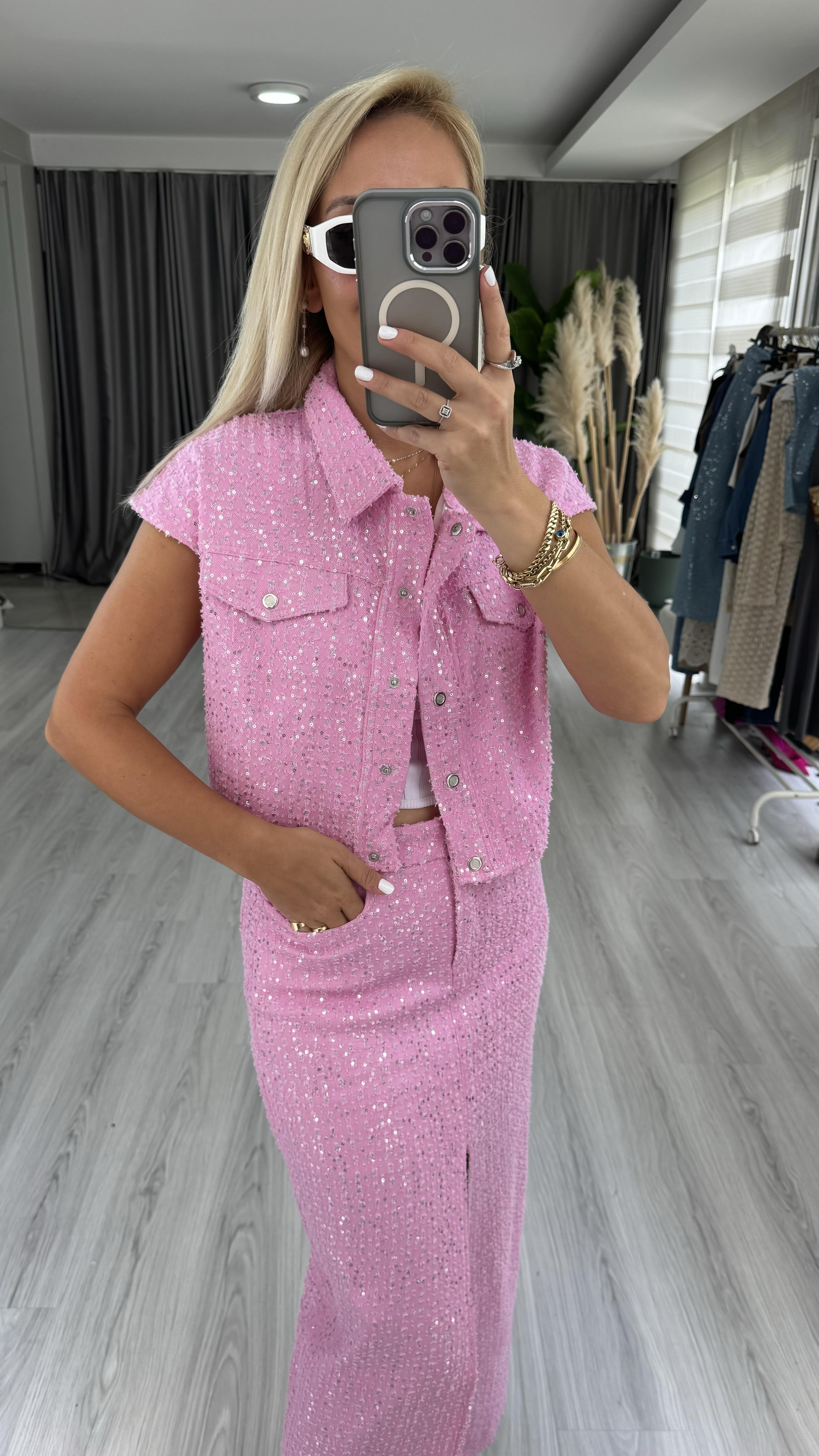 Premium, Payetli Pembe Denim Ceket