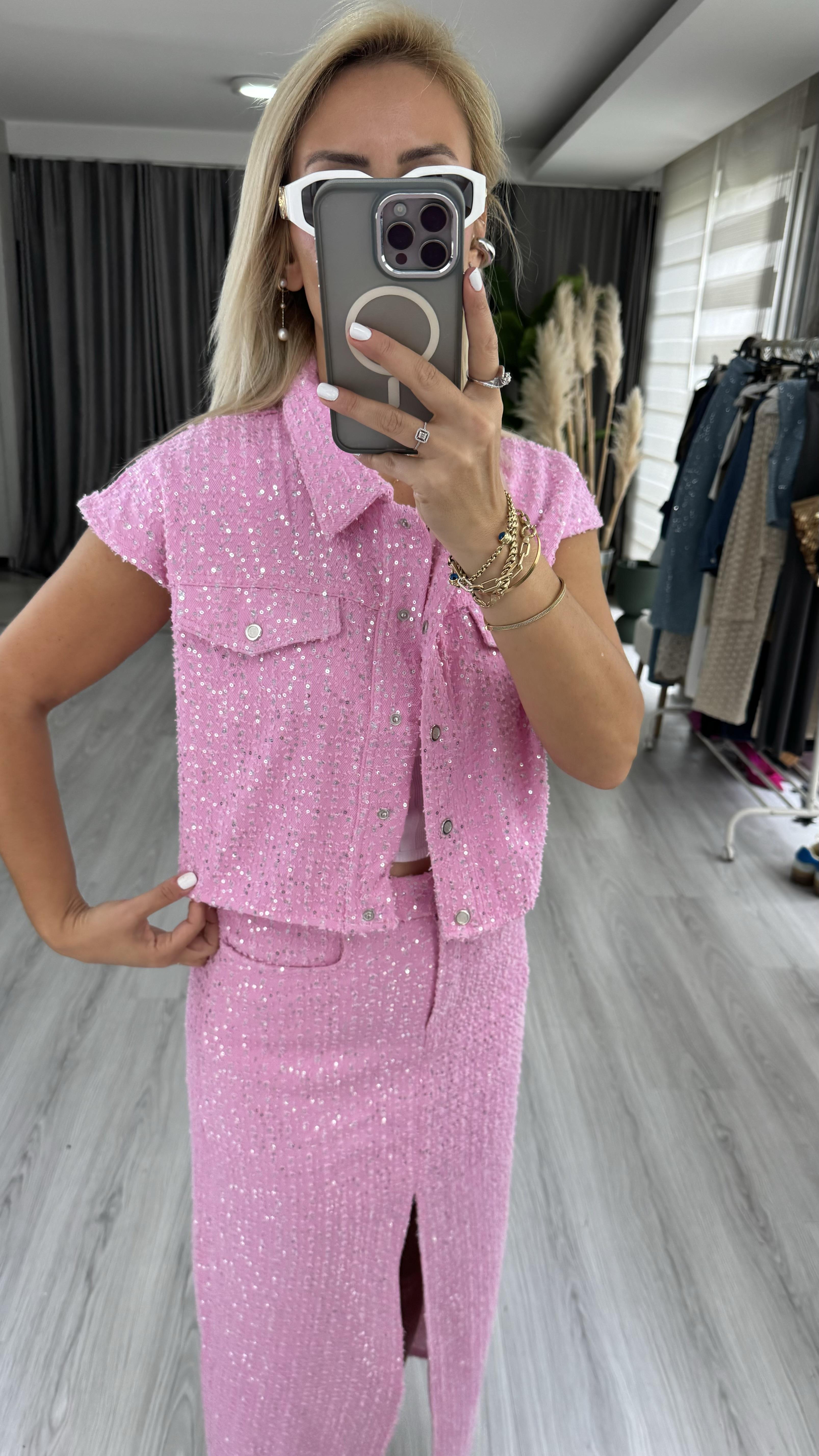 Premium, Payetli Pembe Denim Ceket