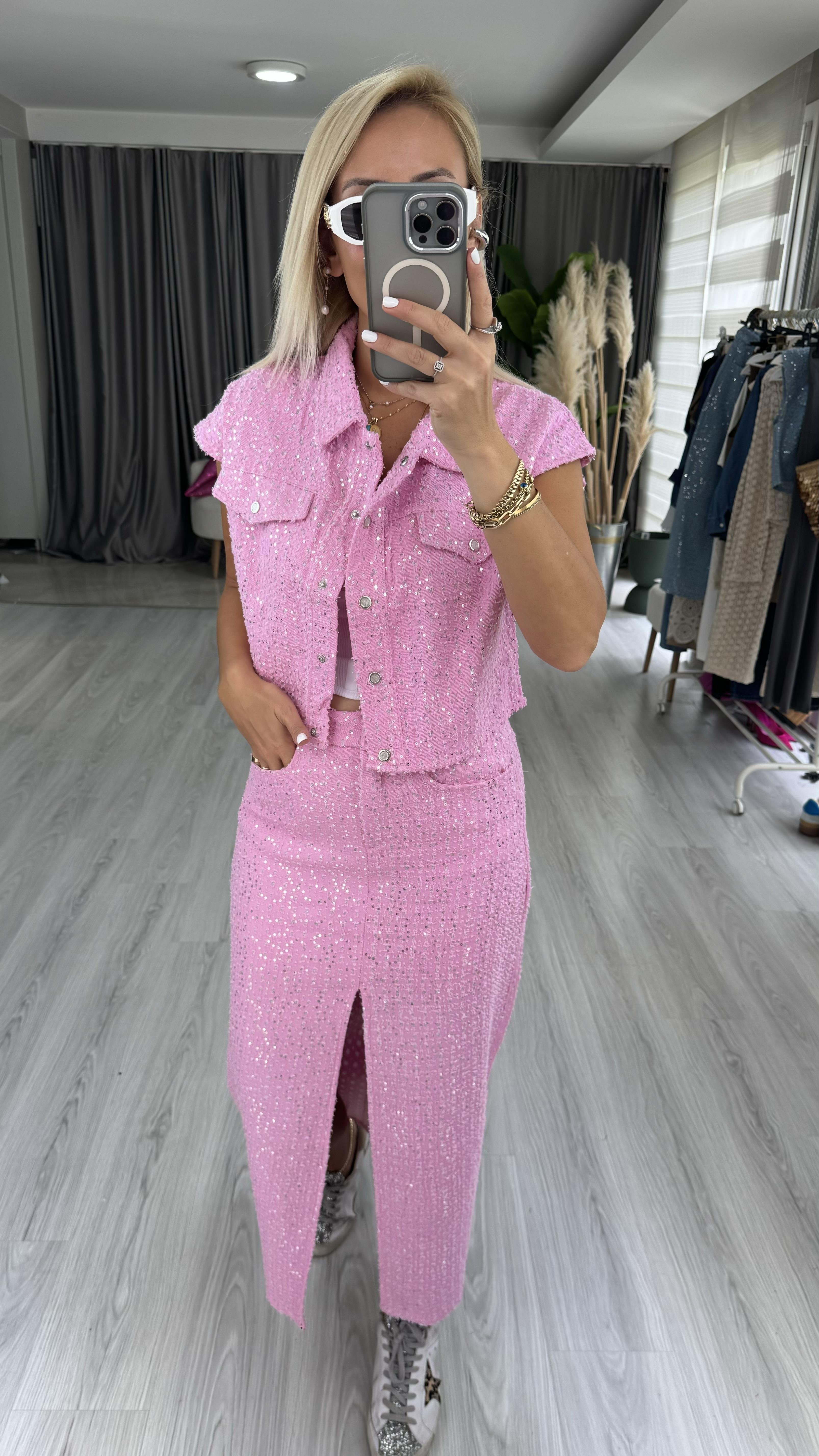 Premium, Payetli Pembe Denim Ceket