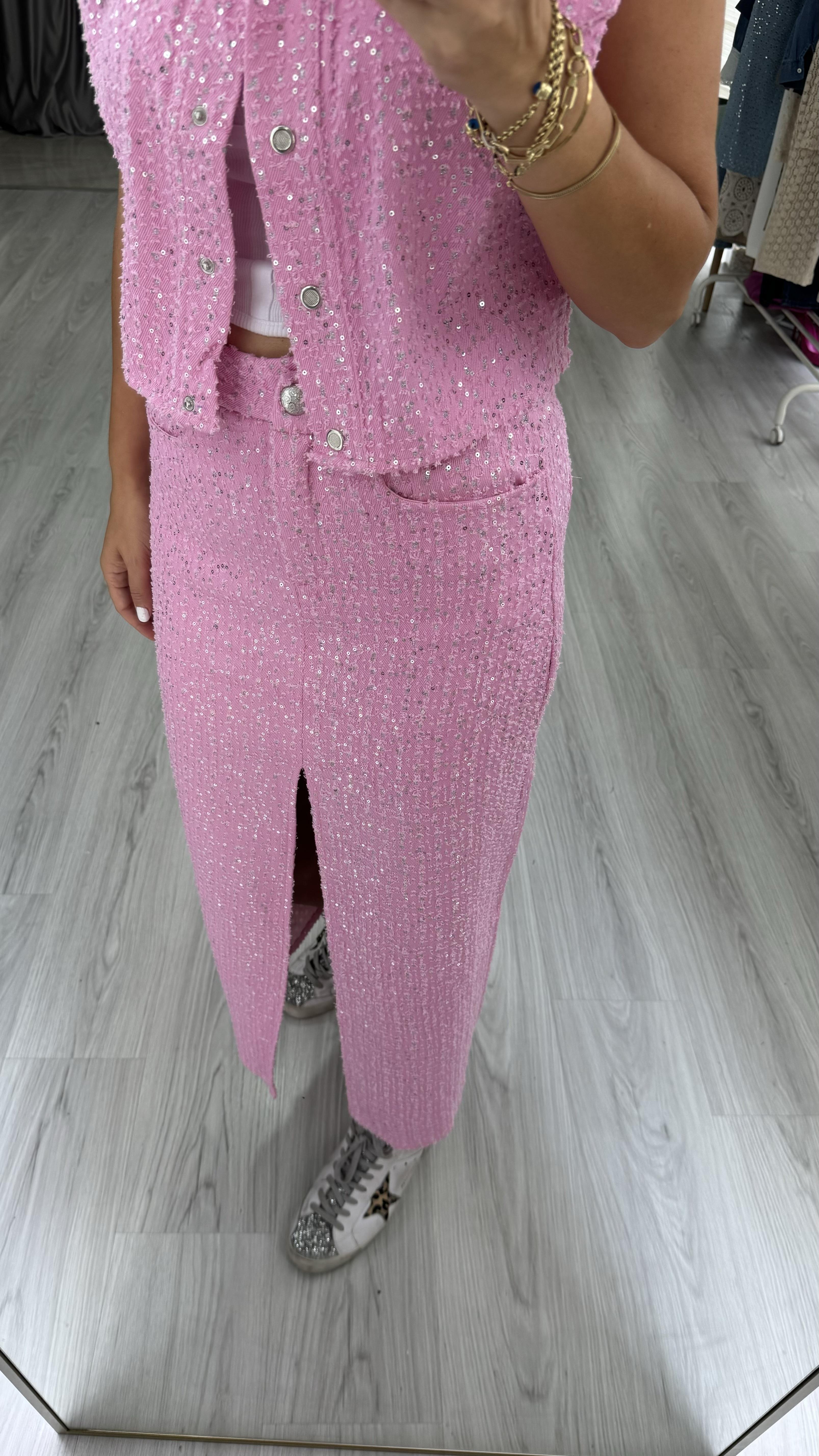 Premium, Payetli Pembe Denim Etek
