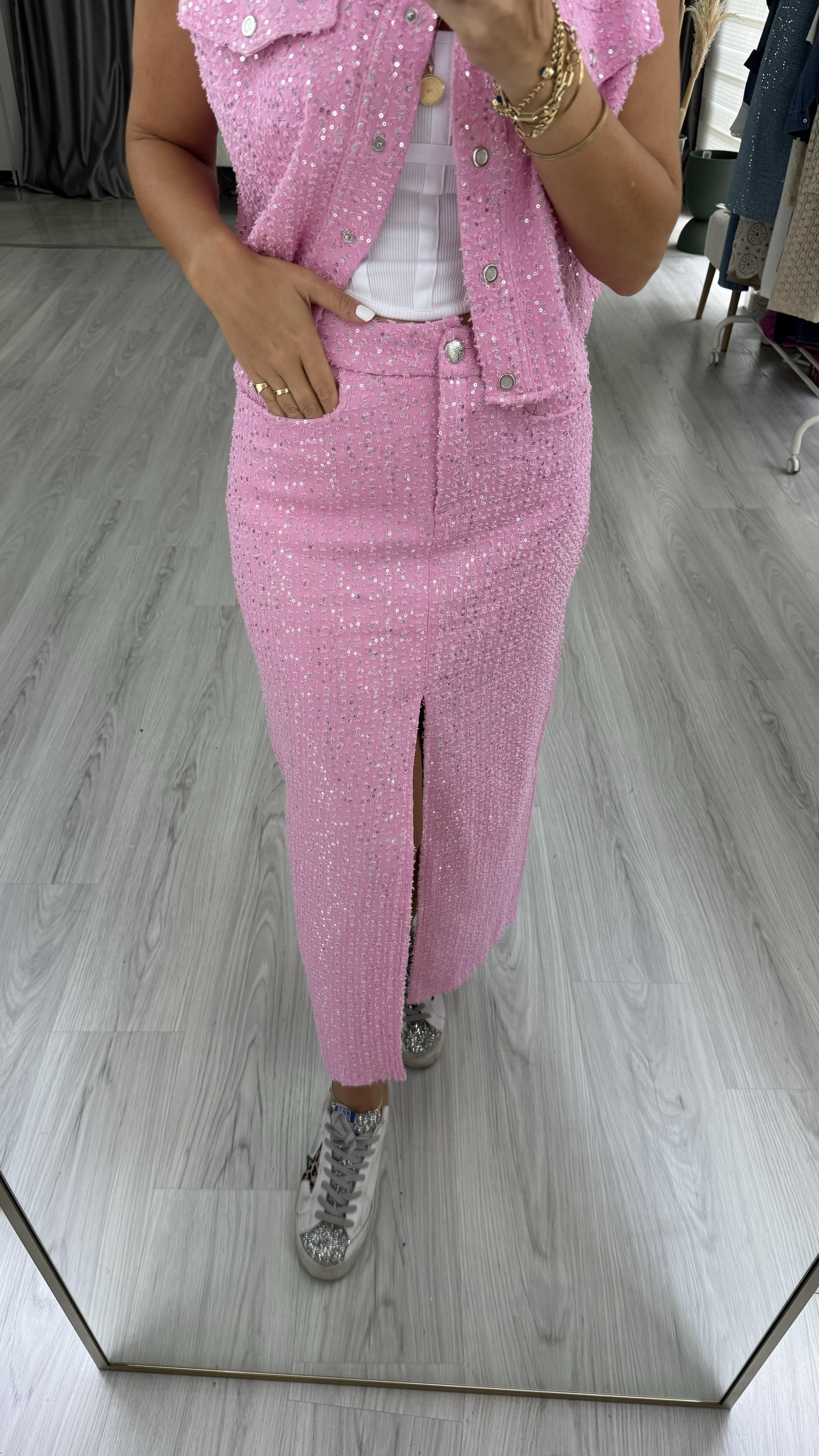 Premium, Payetli Pembe Denim Etek
