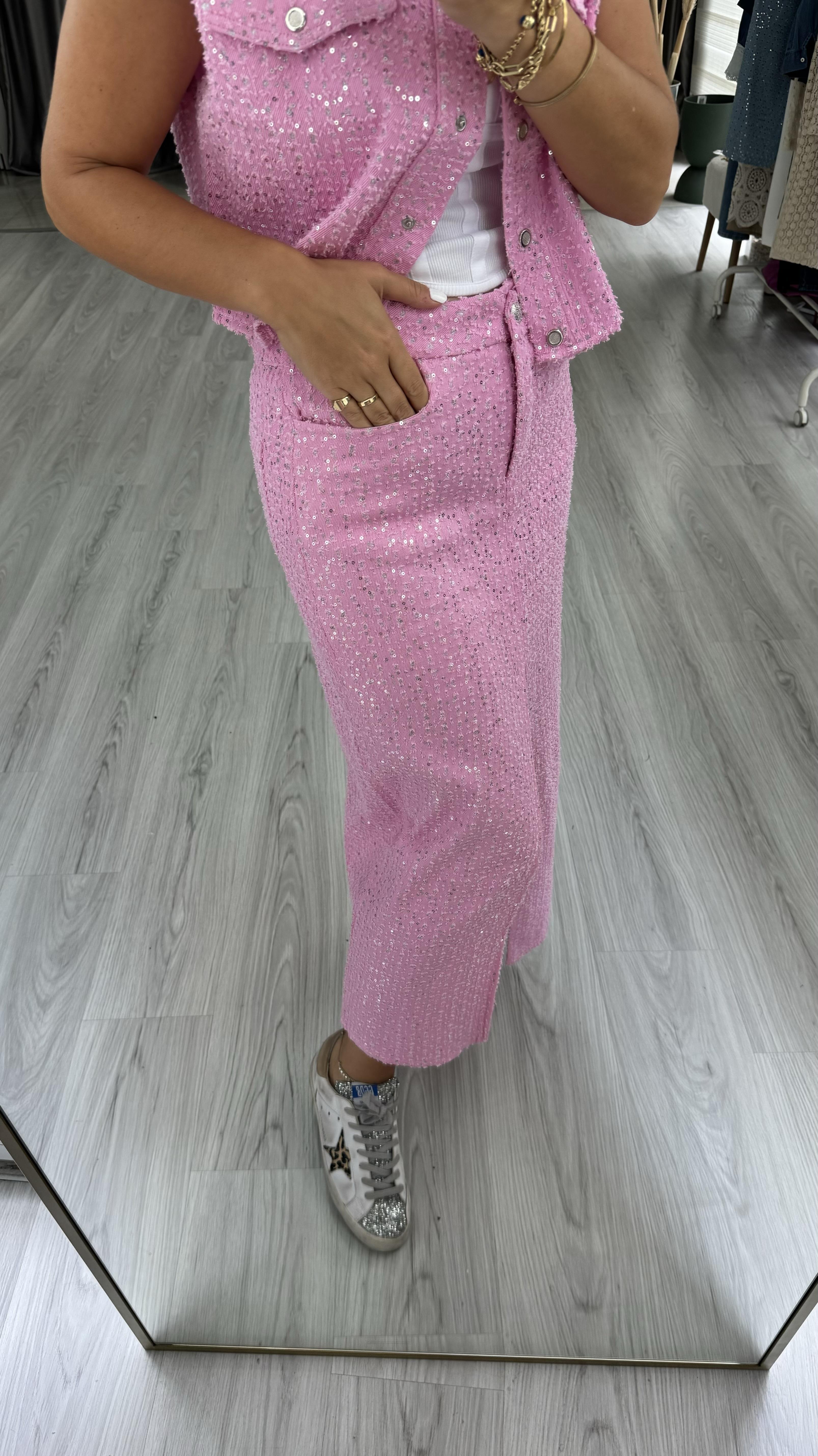 Premium, Payetli Pembe Denim Etek