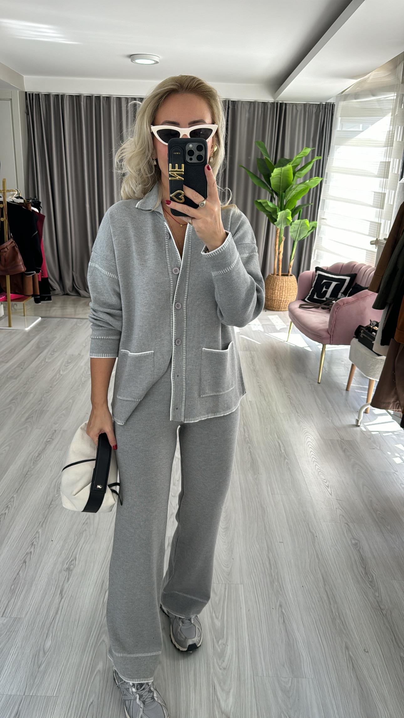Premium Seri Beyaz Biye Detaylı Gri Triko Takım