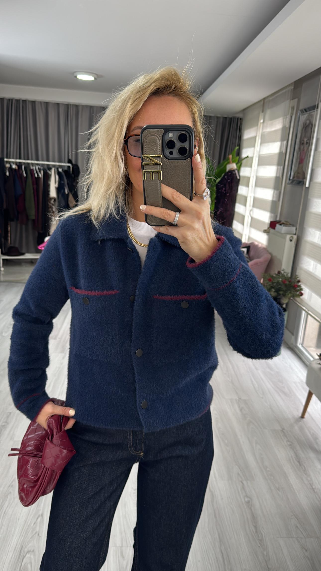 Premium Seri Cepli Bordo Biyeli Lacivert Triko Ceket