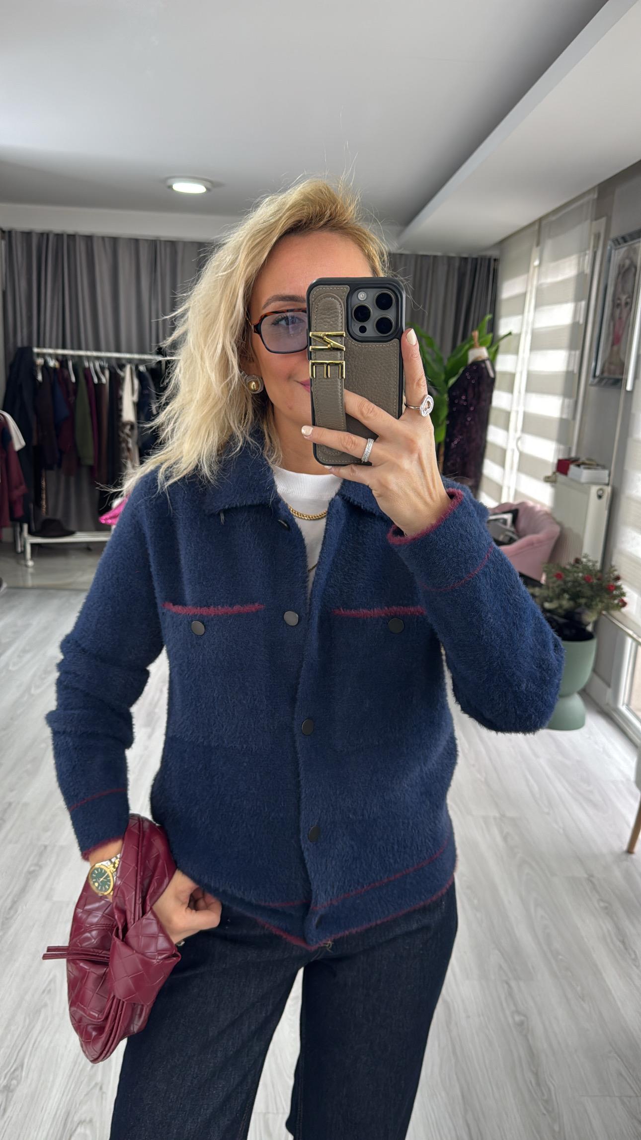 Premium Seri Cepli Bordo Biyeli Lacivert Triko Ceket