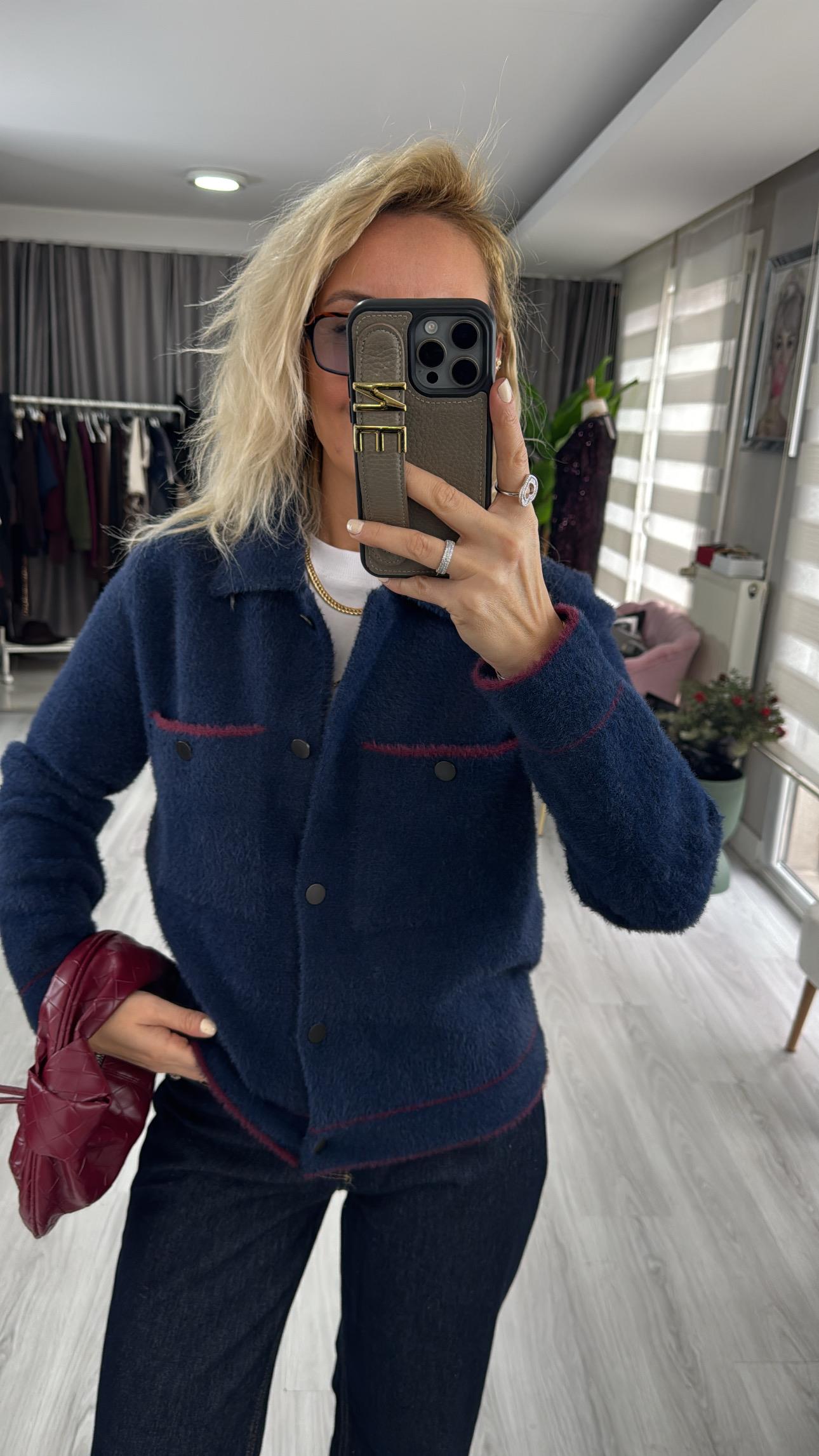 Premium Seri Cepli Bordo Biyeli Lacivert Triko Ceket