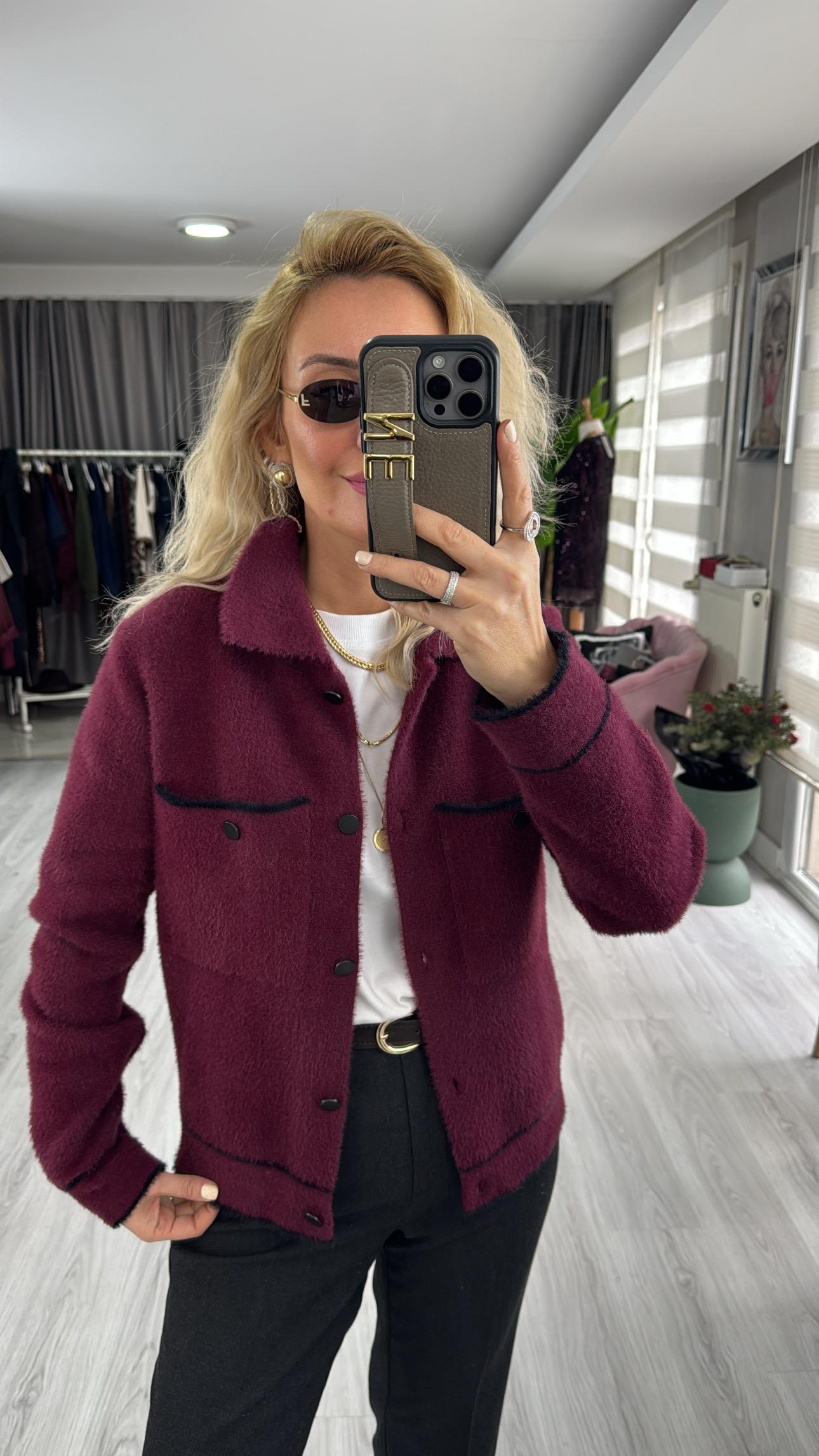 Premium Seri Cepli Siyah Biyeli Bordo Triko Ceket