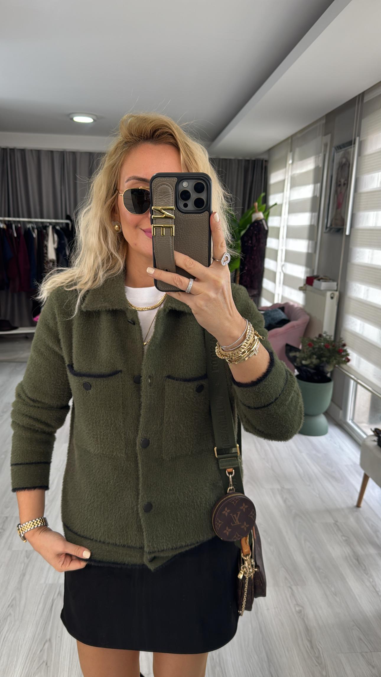 Premium Seri Cepli Siyah Biyeli Haki Triko Ceket