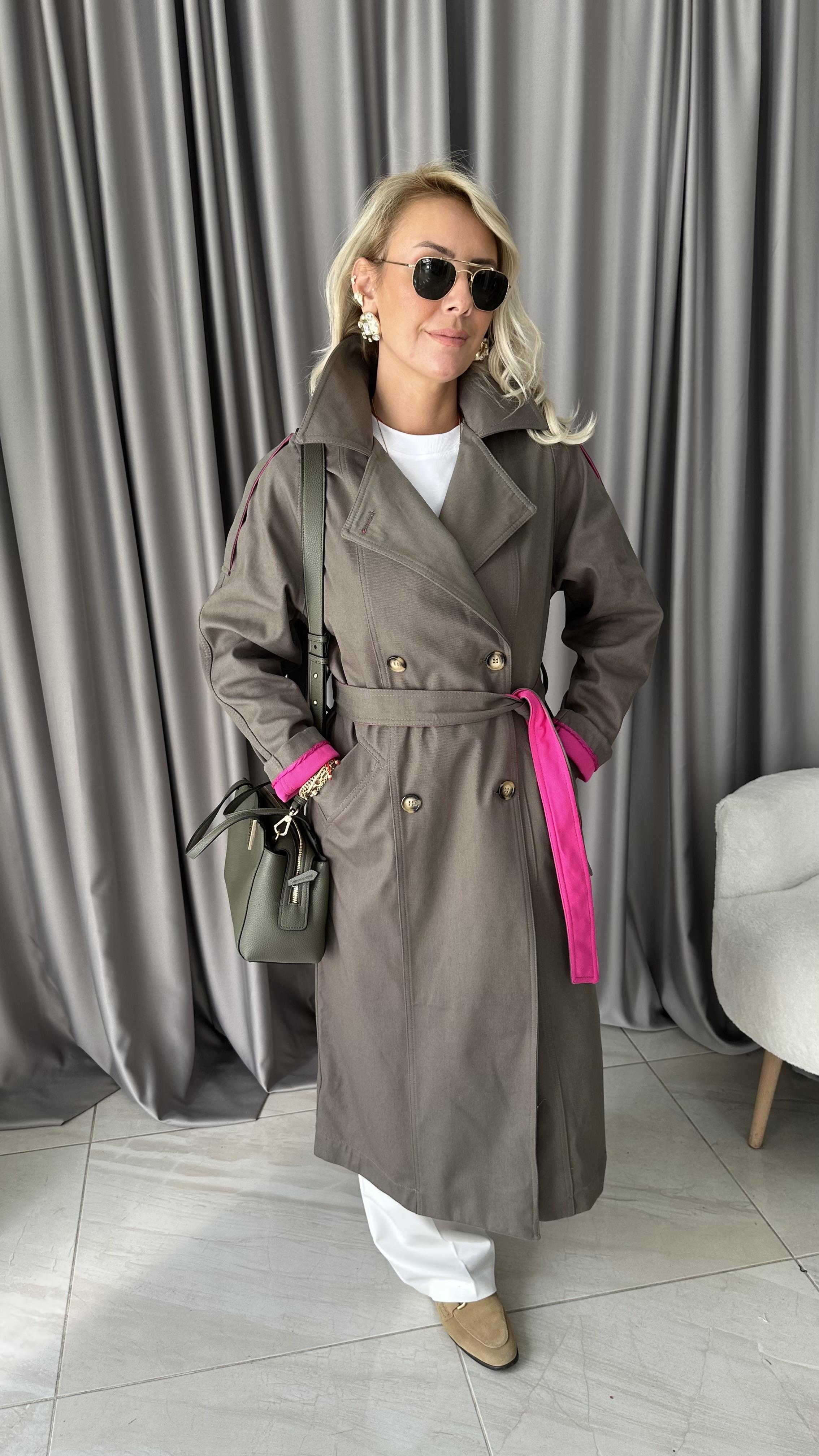 Premium Seri Fuşya Astarlı Haki Trençkot