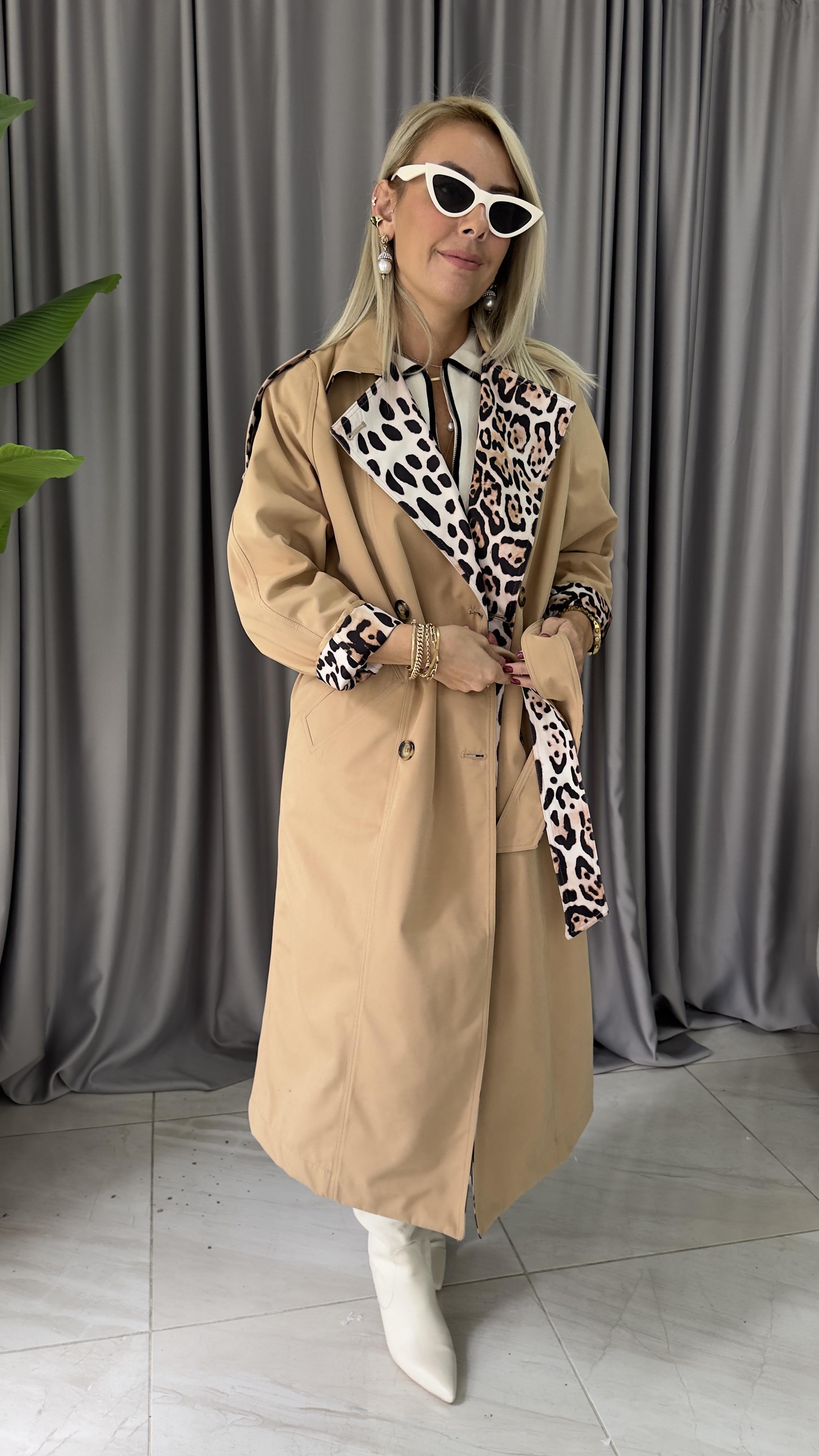 Premium Seri, İçi Komple Leopar Astarlı, Kuşaklı, Camel Trençkot